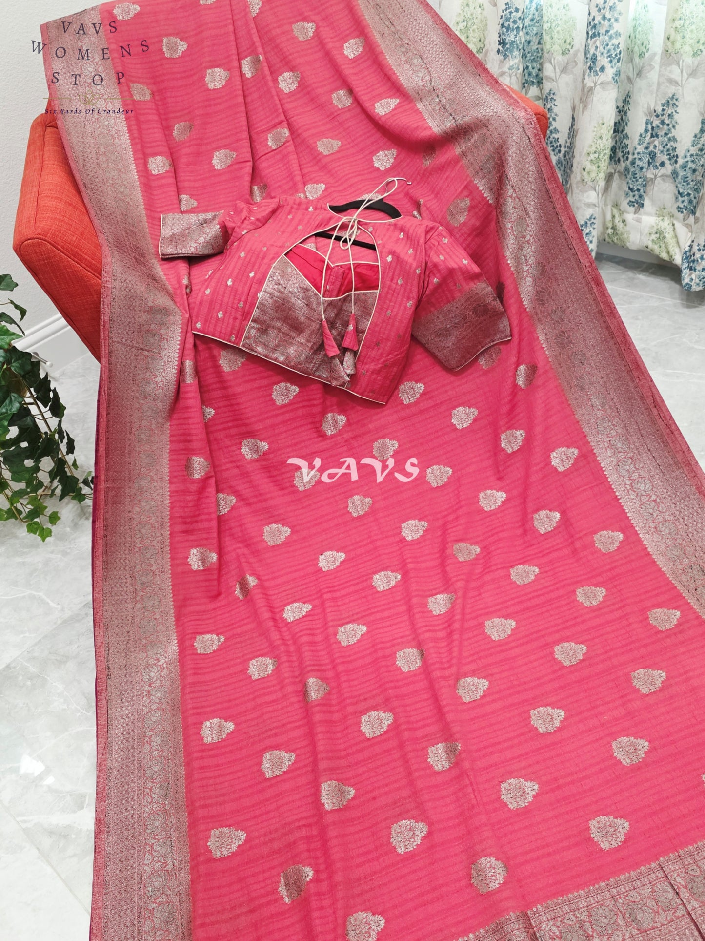 Royal Rose Pink Semi Tussar Georgette Saree with Silver Zari Buttas & Stitched Blouse Size 38-44