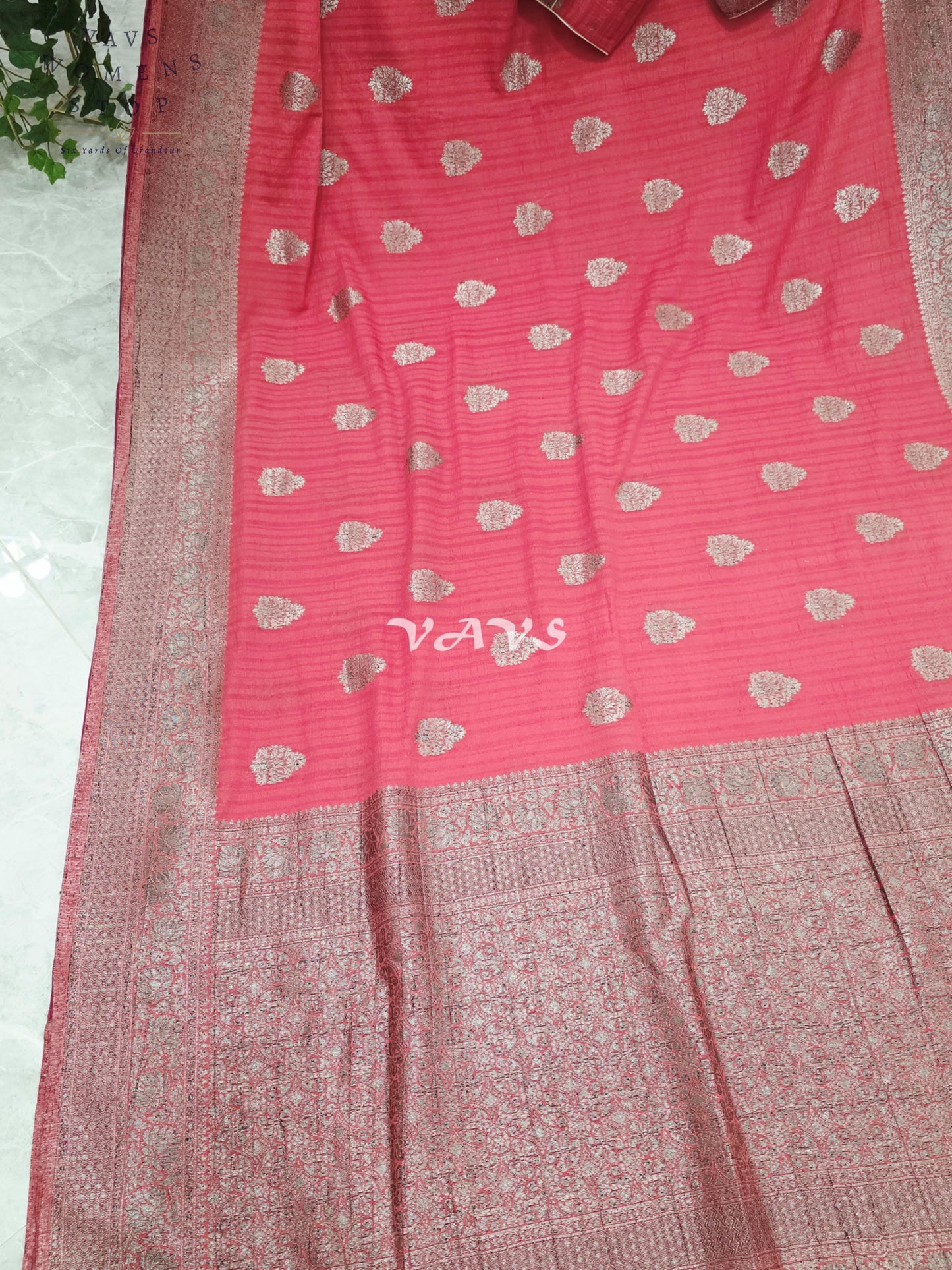 Royal Rose Pink Semi Tussar Georgette Saree with Silver Zari Buttas & Stitched Blouse Size 38-44