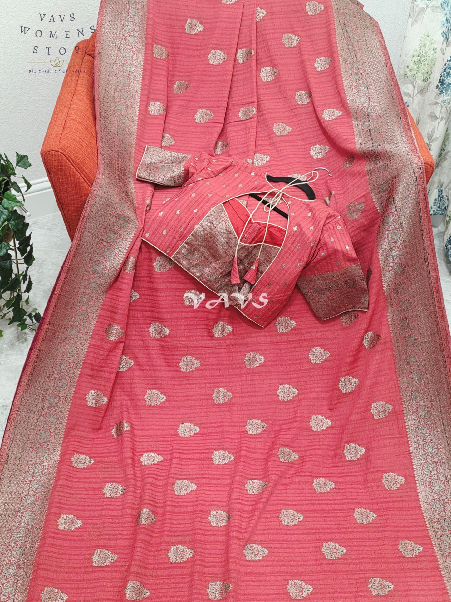 Royal Rose Pink Semi Tussar Georgette Saree with Silver Zari Buttas & Stitched Blouse Size 38-44