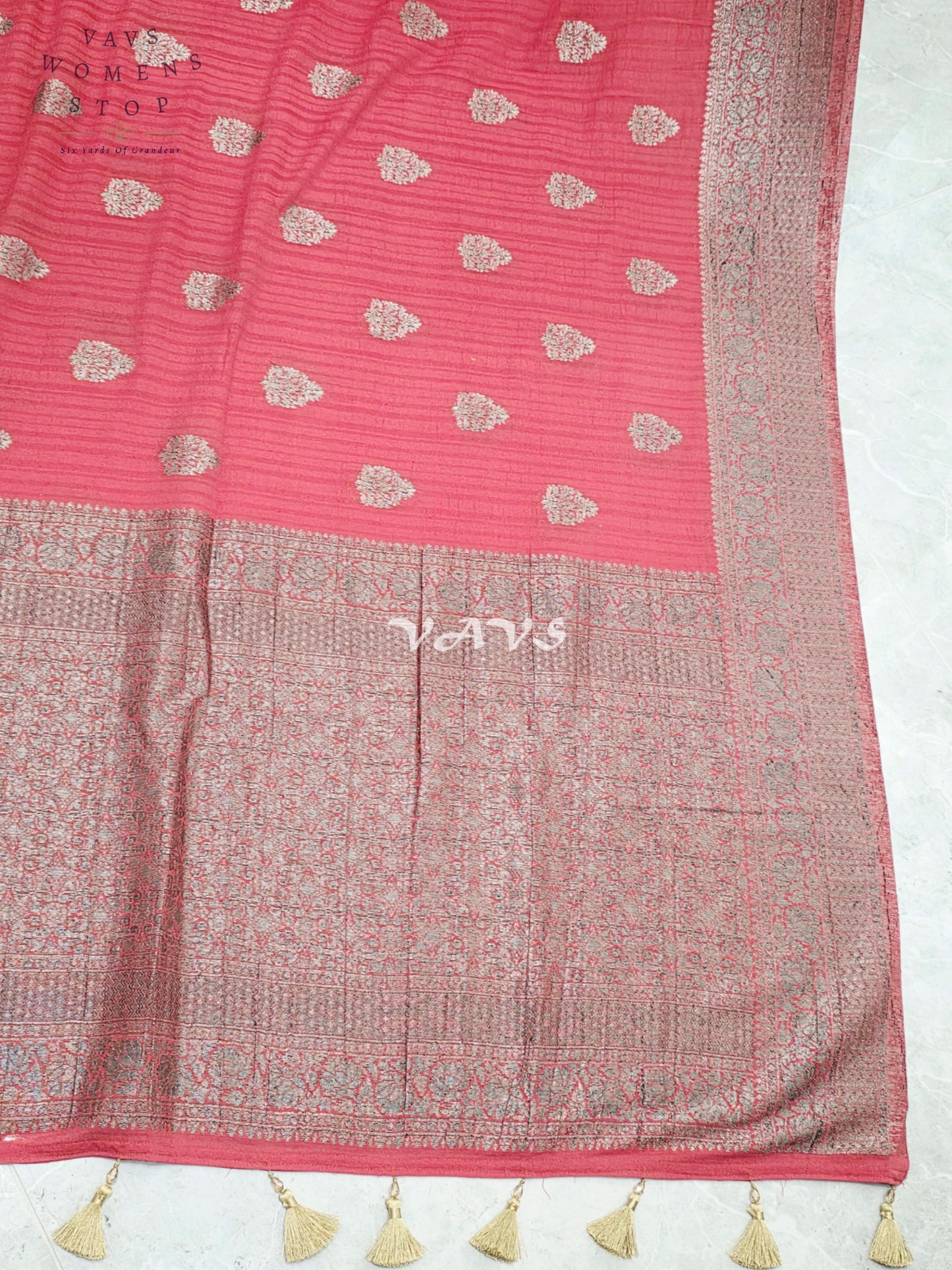 Royal Rose Pink Semi Tussar Georgette Saree with Silver Zari Buttas & Stitched Blouse Size 38-44