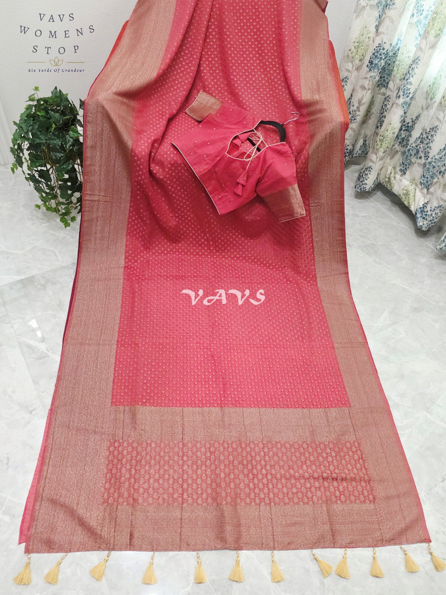 Royal Coral Rose Antique Zari Chiffon Georgette Saree with Stitched Blouse Size 34-40