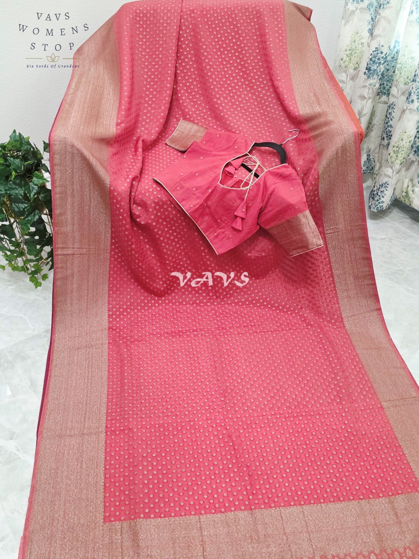 Royal Coral Rose Antique Zari Chiffon Georgette Saree with Stitched Blouse Size 34-40