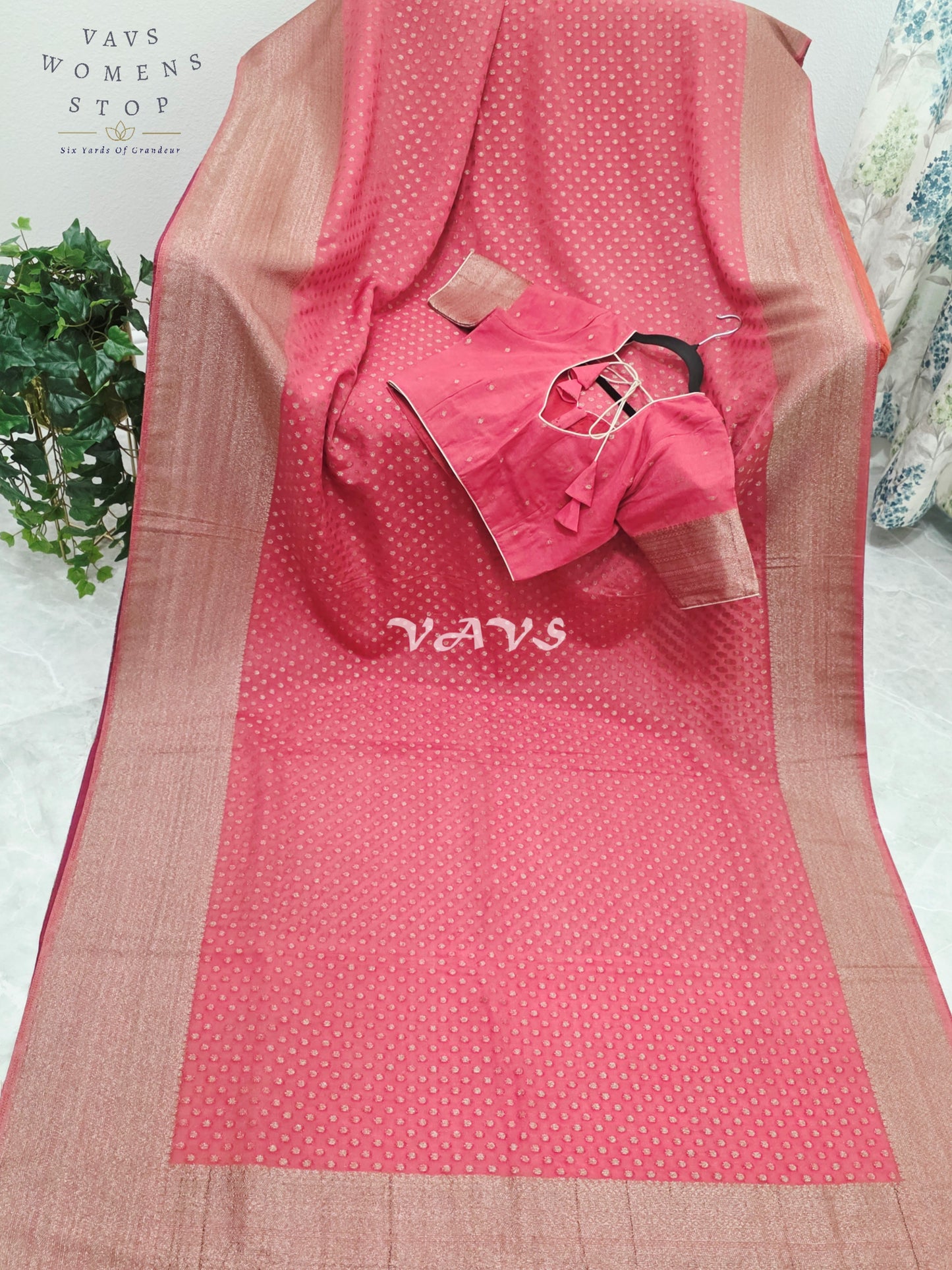Royal Coral Rose Antique Zari Chiffon Georgette Saree with Stitched Blouse Size 34-40