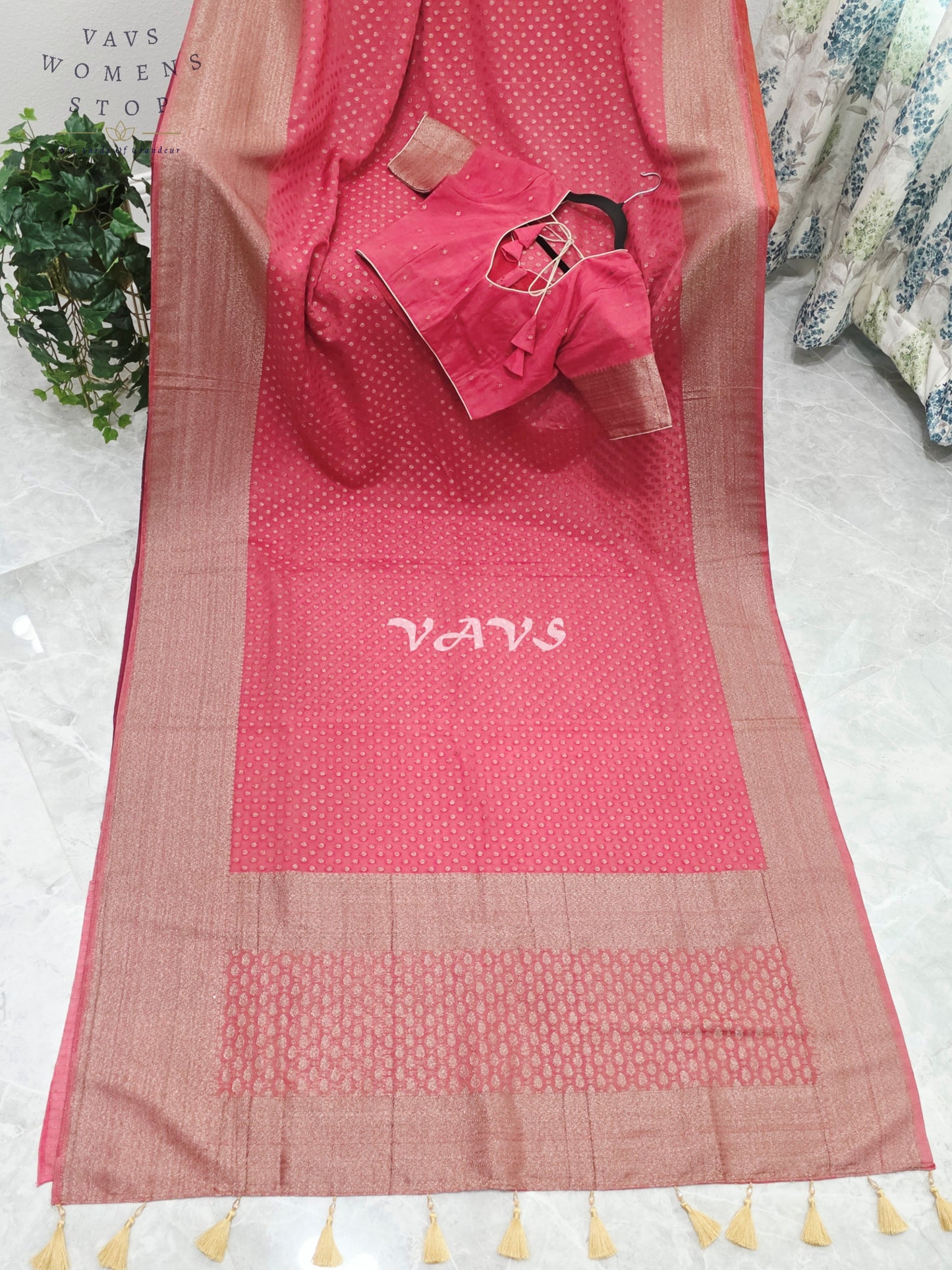 Royal Coral Rose Antique Zari Chiffon Georgette Saree with Stitched Blouse Size 34-40