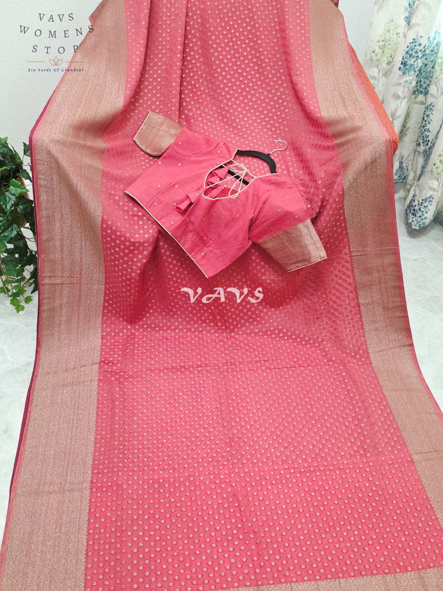 Royal Coral Rose Antique Zari Chiffon Georgette Saree with Stitched Blouse Size 34-40