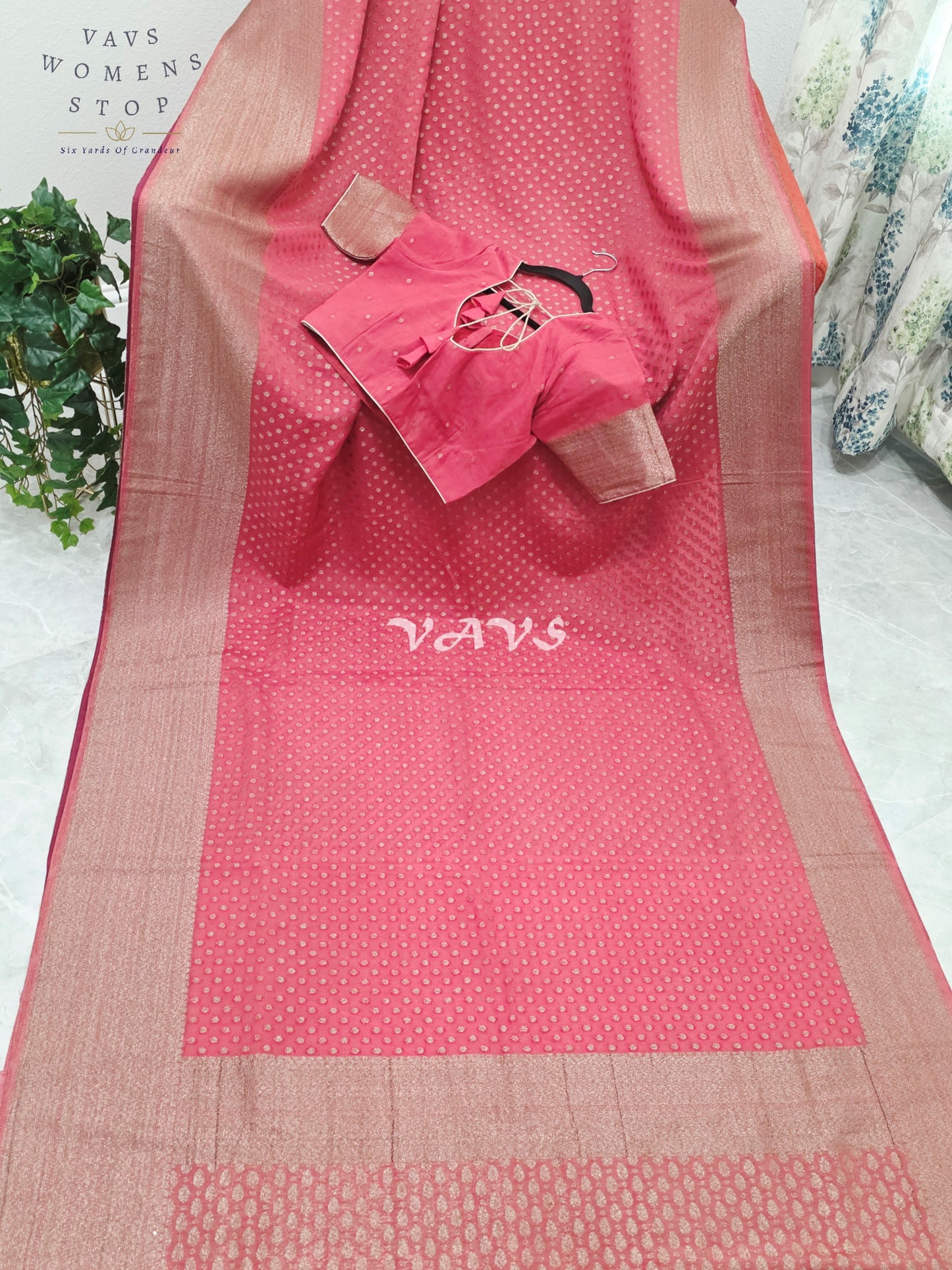 Royal Coral Rose Antique Zari Chiffon Georgette Saree with Stitched Blouse Size 34-40