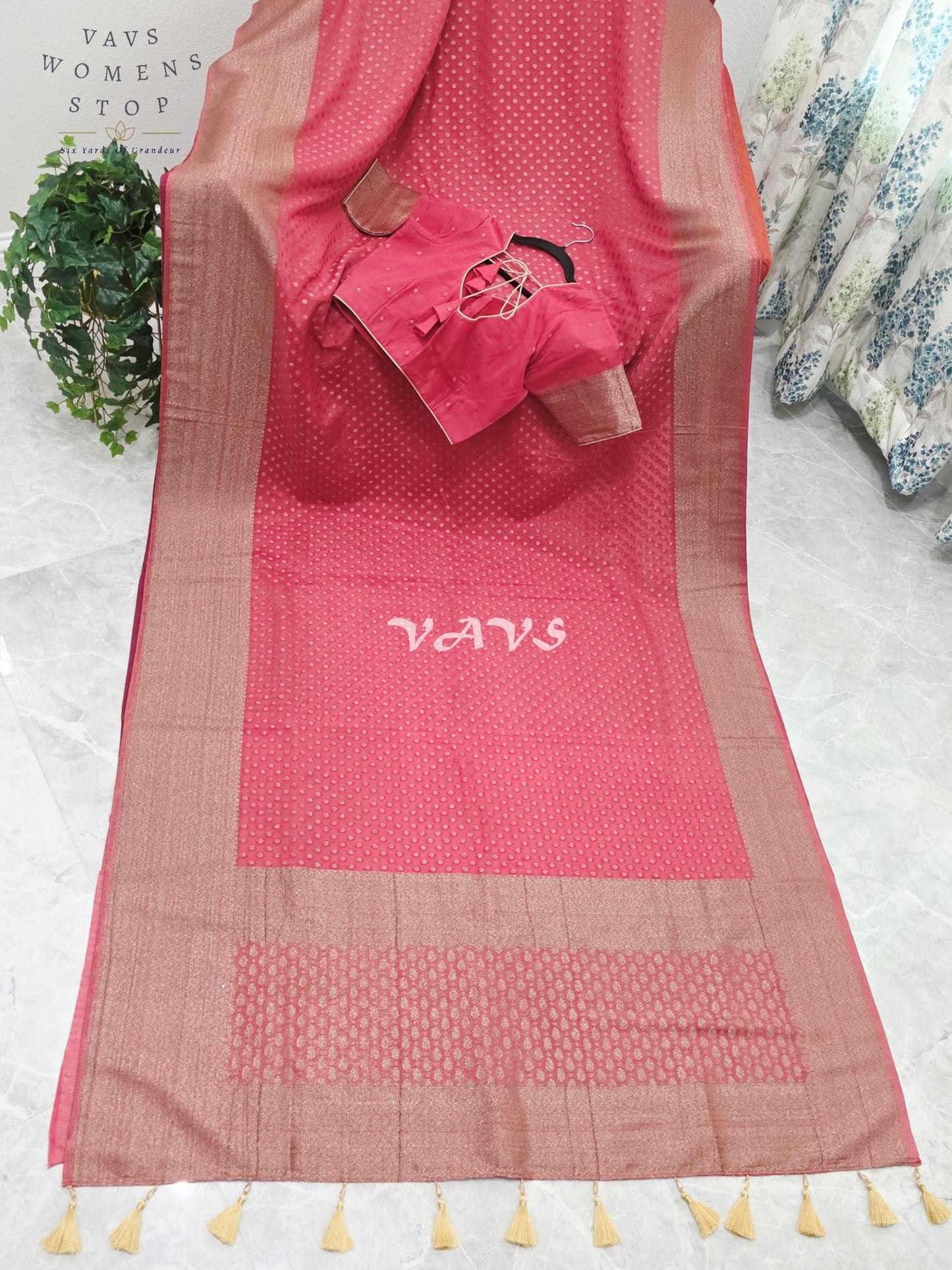 Royal Coral Rose Antique Zari Chiffon Georgette Saree with Stitched Blouse Size 34-40
