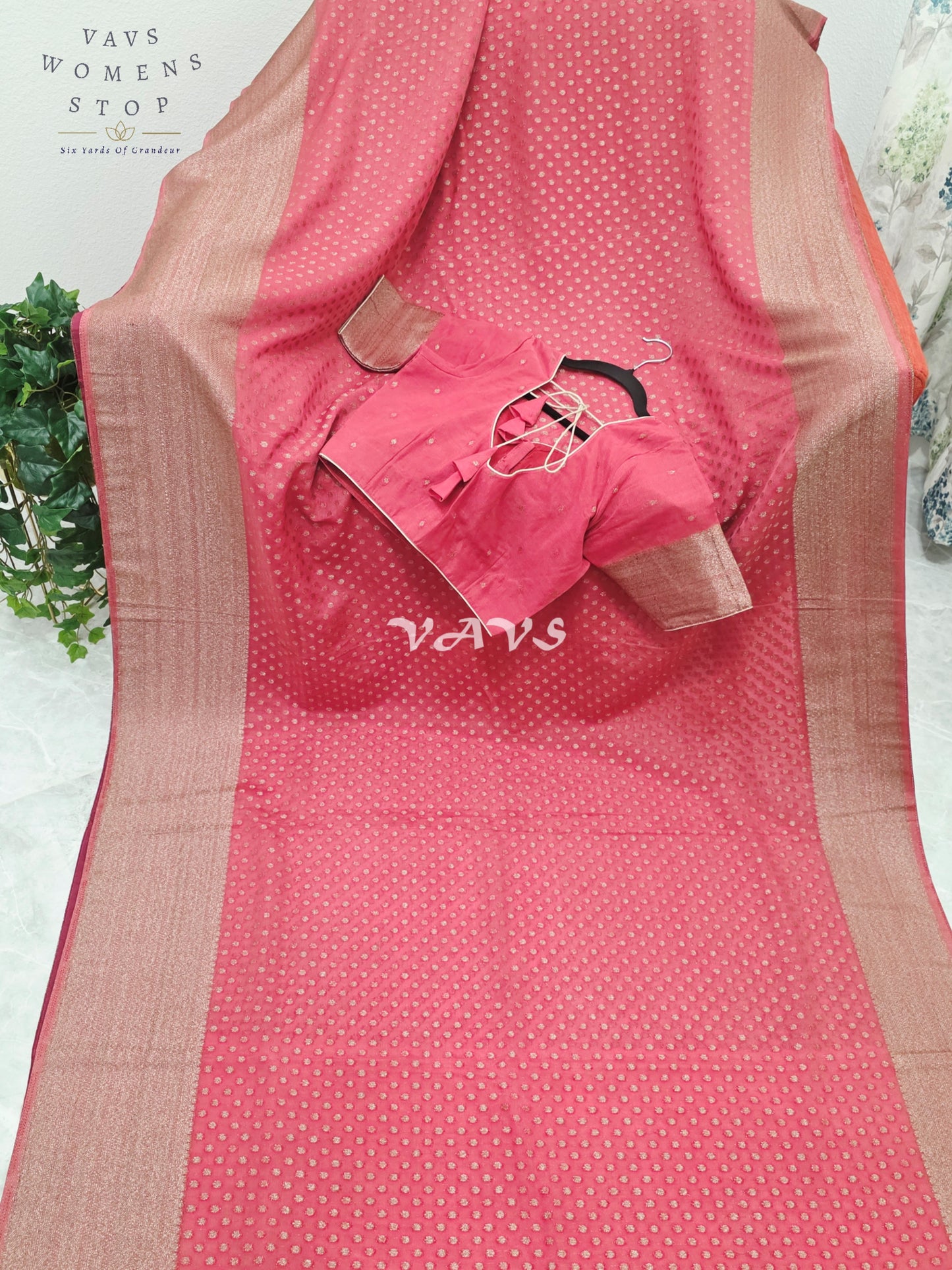 Royal Coral Rose Antique Zari Chiffon Georgette Saree with Stitched Blouse Size 34-40