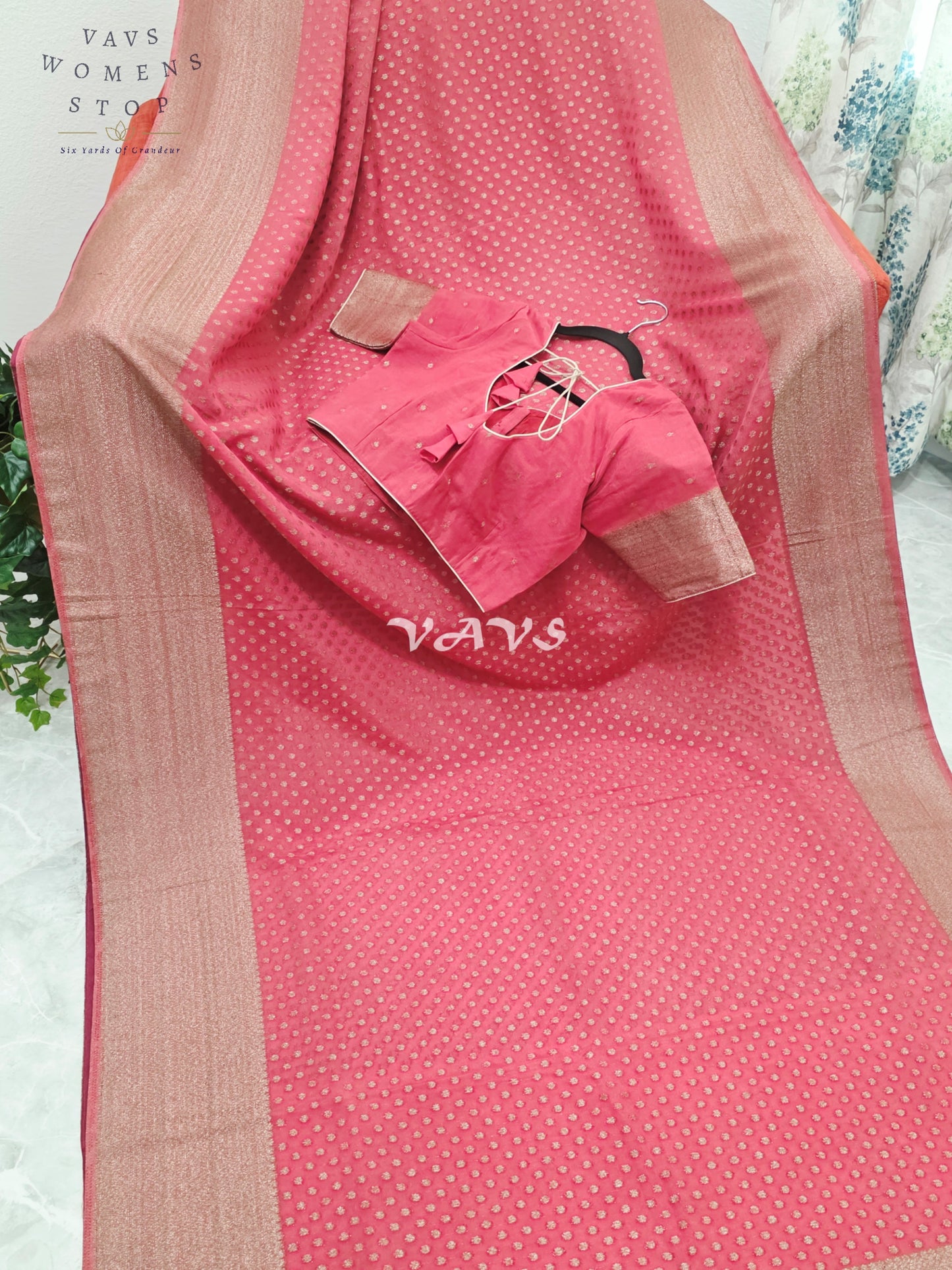 Royal Coral Rose Antique Zari Chiffon Georgette Saree with Stitched Blouse Size 34-40