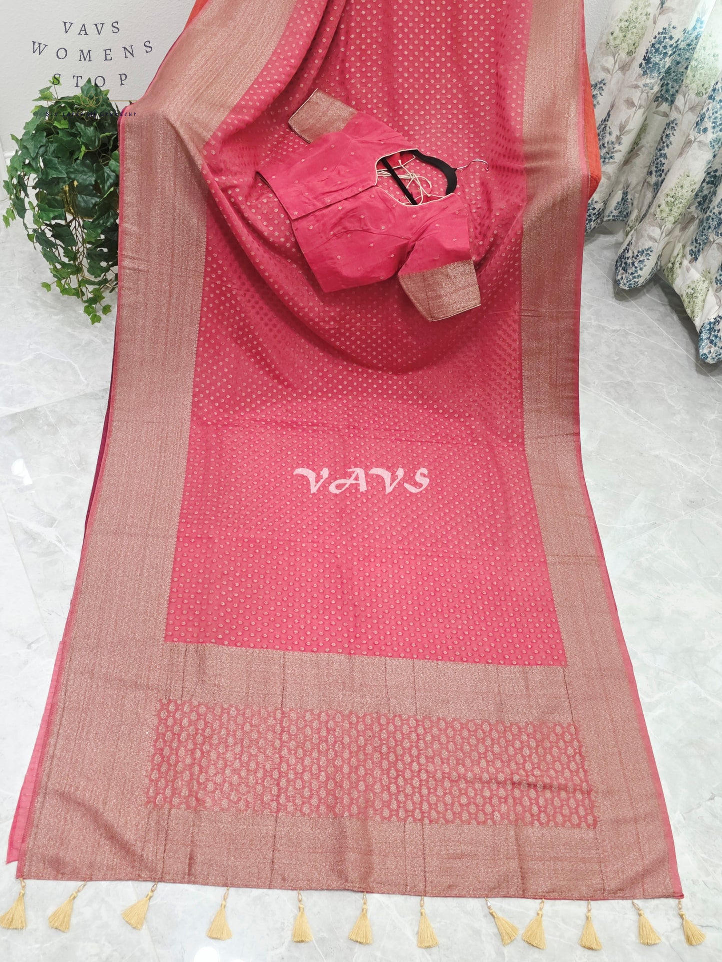 Royal Coral Rose Antique Zari Chiffon Georgette Saree with Stitched Blouse Size 34-40