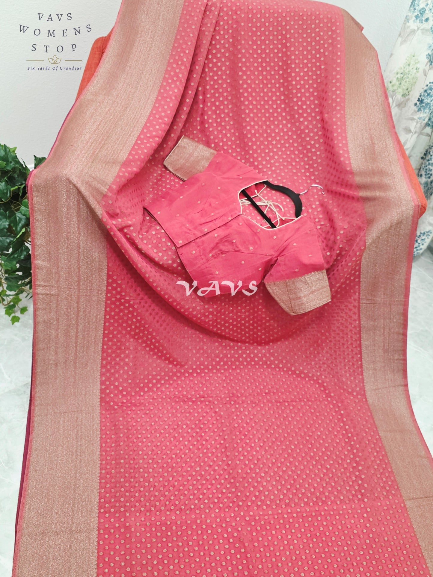 Royal Coral Rose Antique Zari Chiffon Georgette Saree with Stitched Blouse Size 34-40