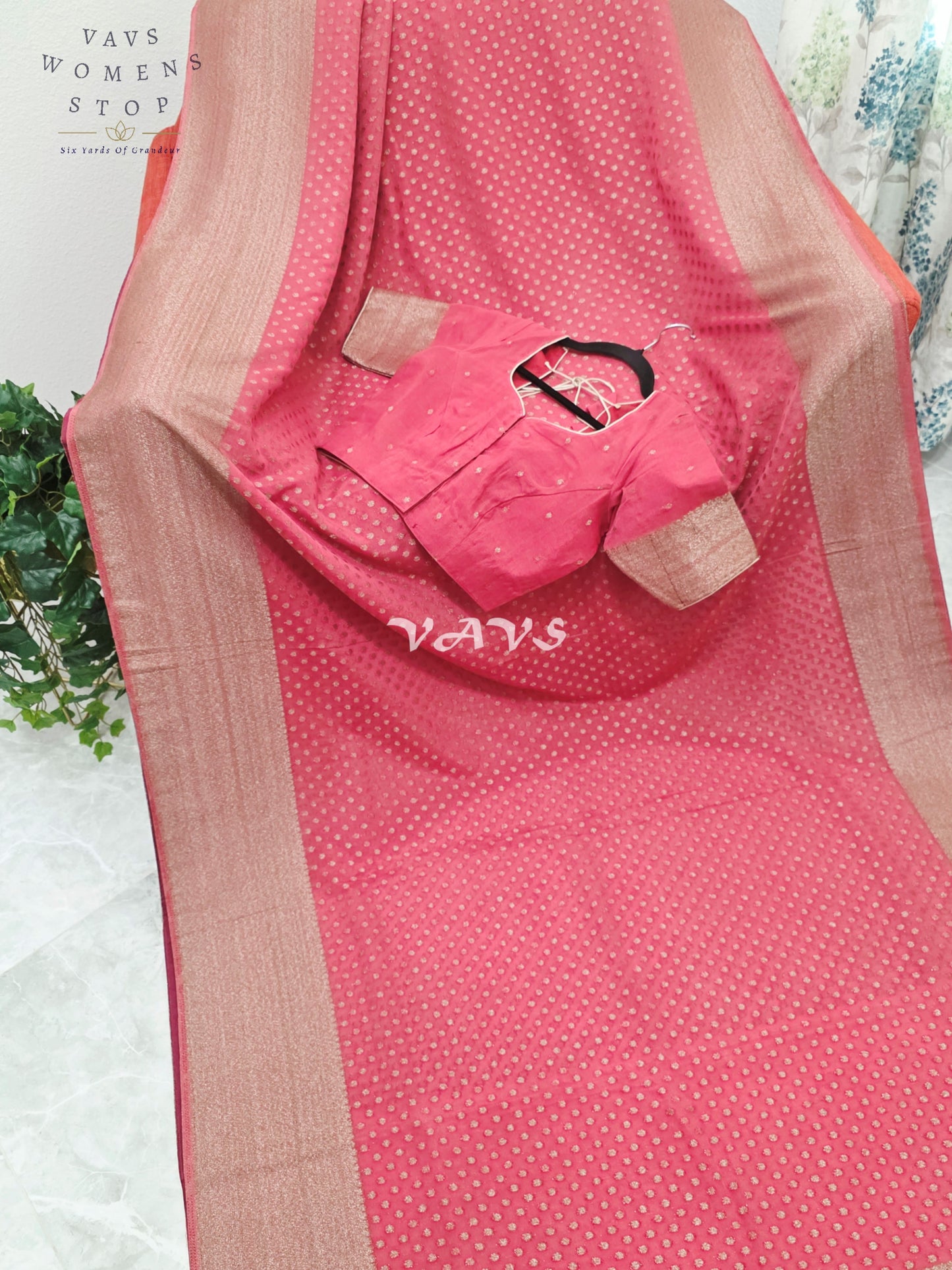 Royal Coral Rose Antique Zari Chiffon Georgette Saree with Stitched Blouse Size 34-40