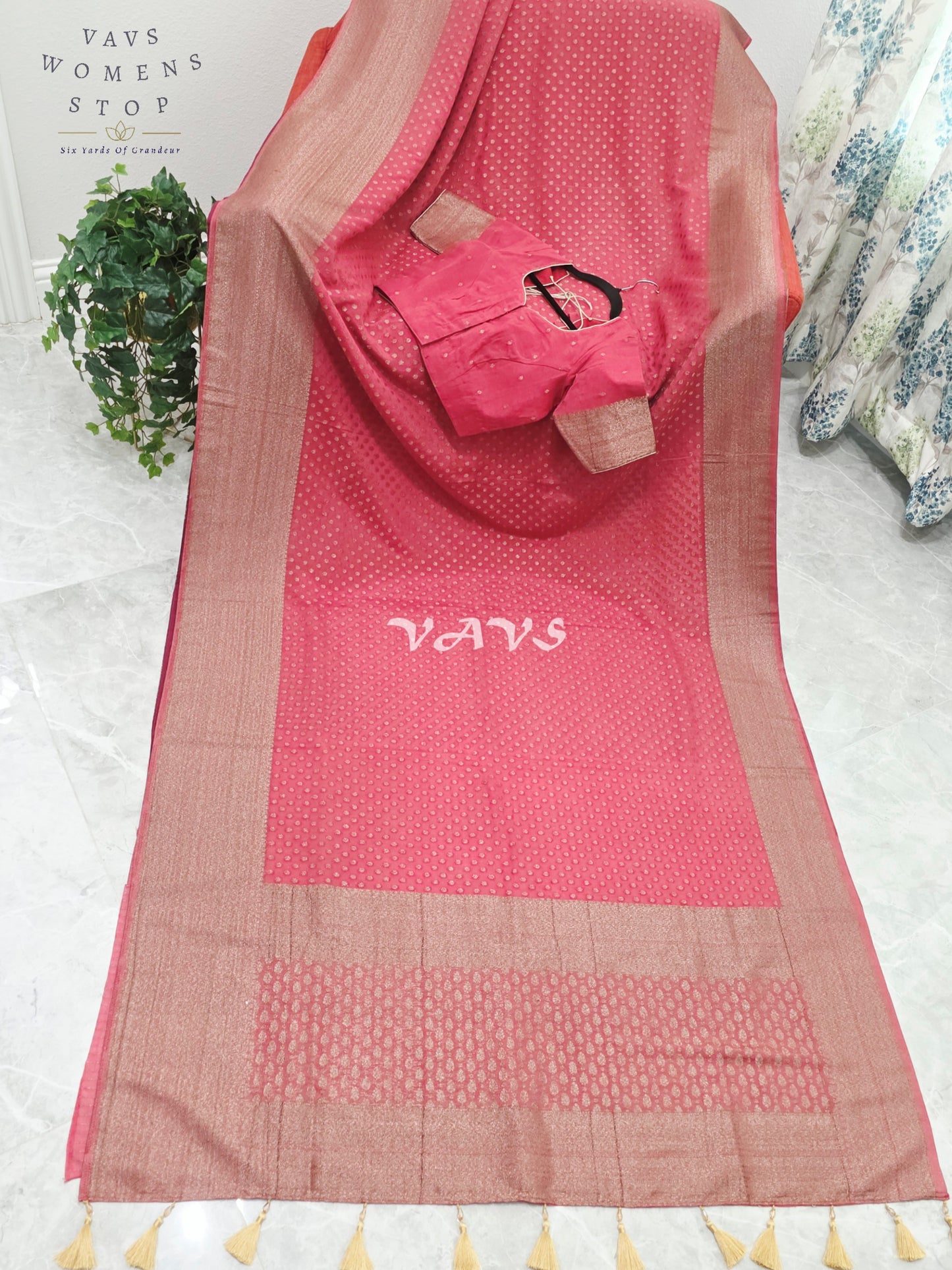 Royal Coral Rose Antique Zari Chiffon Georgette Saree with Stitched Blouse Size 34-40