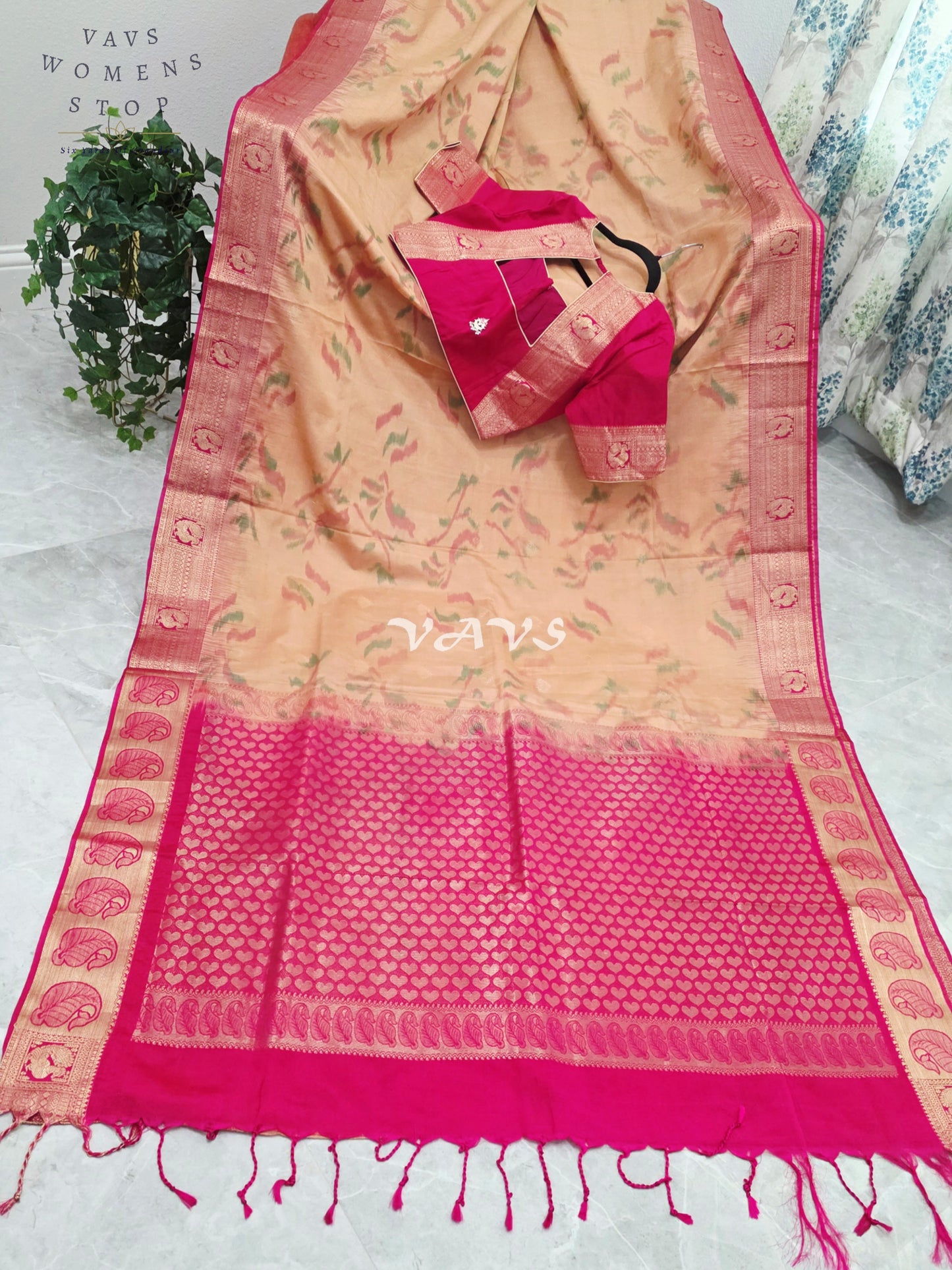 Royal Champagne Gold & Rani Pink Ahimsa Vegan Silk Pochampally Soft Silk Saree with Stitched Blouse Size 38-44