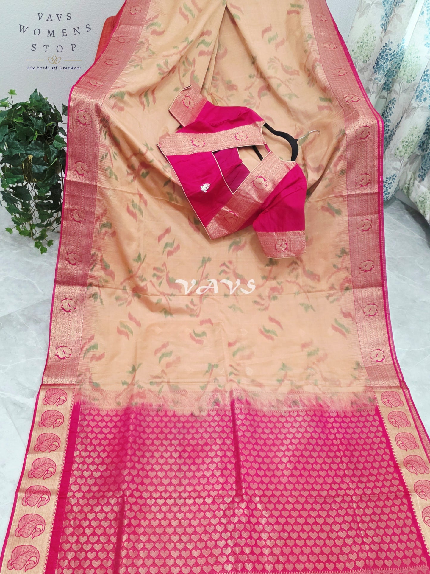Royal Champagne Gold & Rani Pink Ahimsa Vegan Silk Pochampally Soft Silk Saree with Stitched Blouse Size 38-44