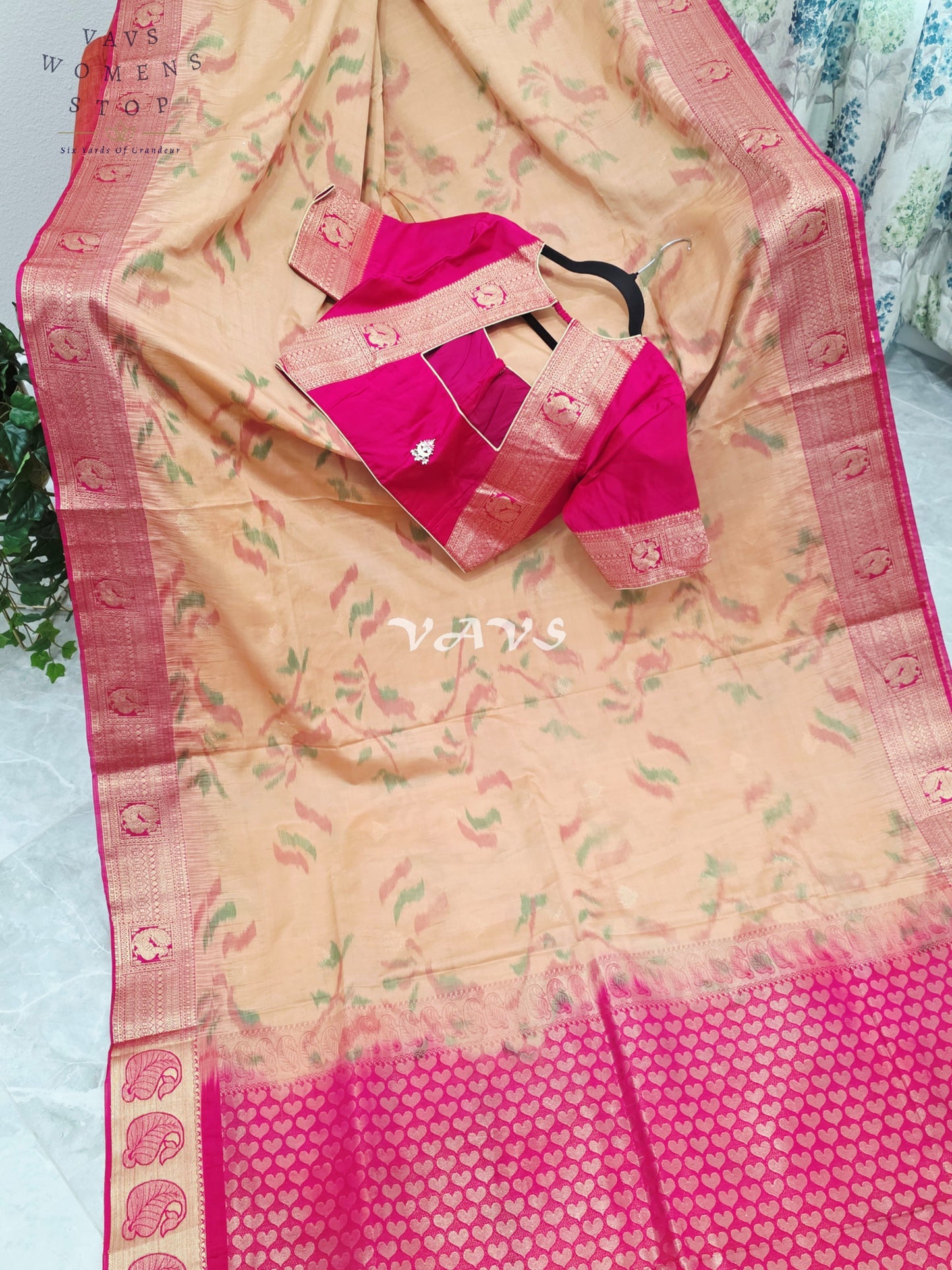 Royal Champagne Gold & Rani Pink Ahimsa Vegan Silk Pochampally Soft Silk Saree with Stitched Blouse Size 38-44