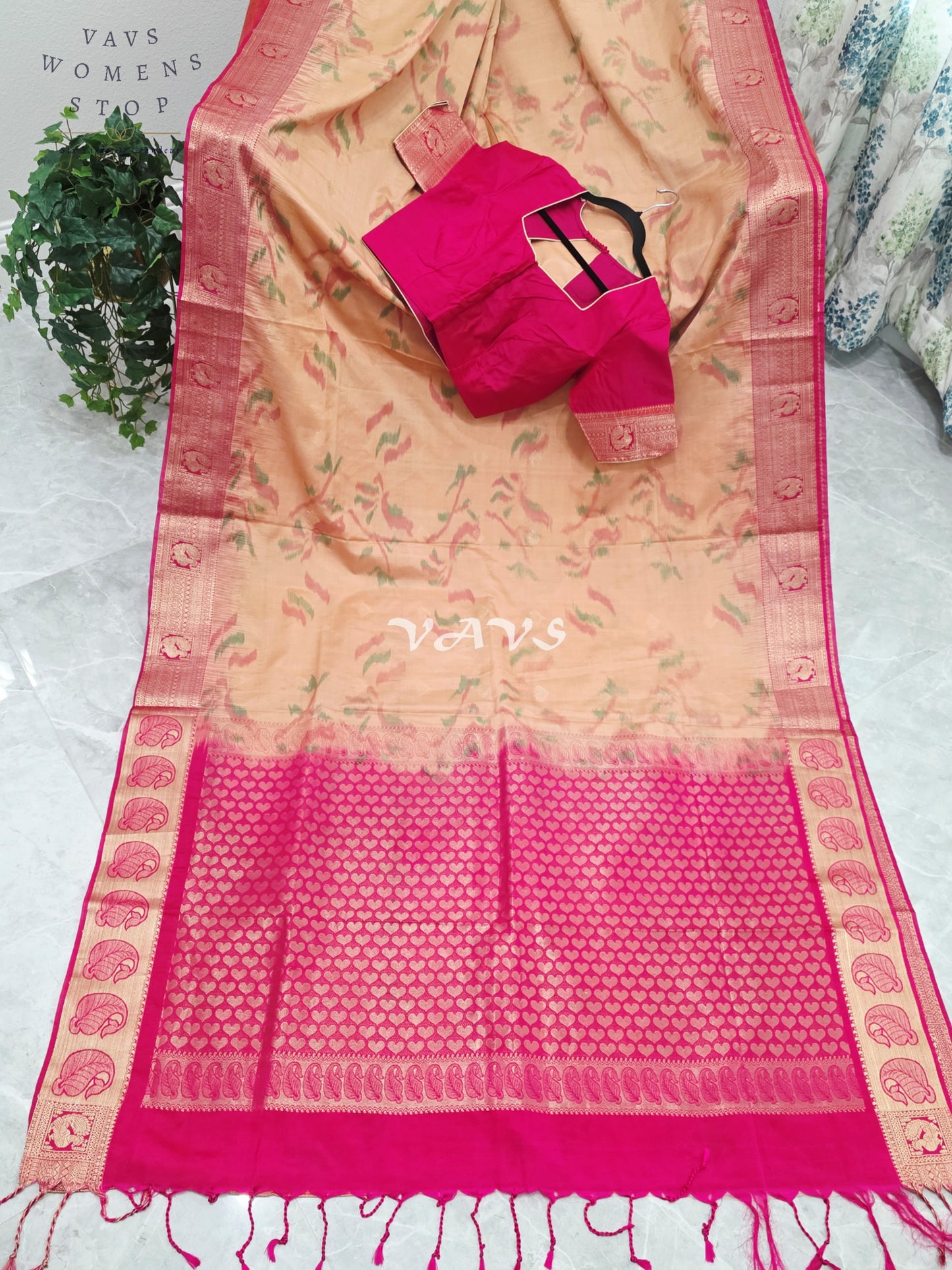 Royal Champagne Gold & Rani Pink Ahimsa Vegan Silk Pochampally Soft Silk Saree with Stitched Blouse Size 38-44