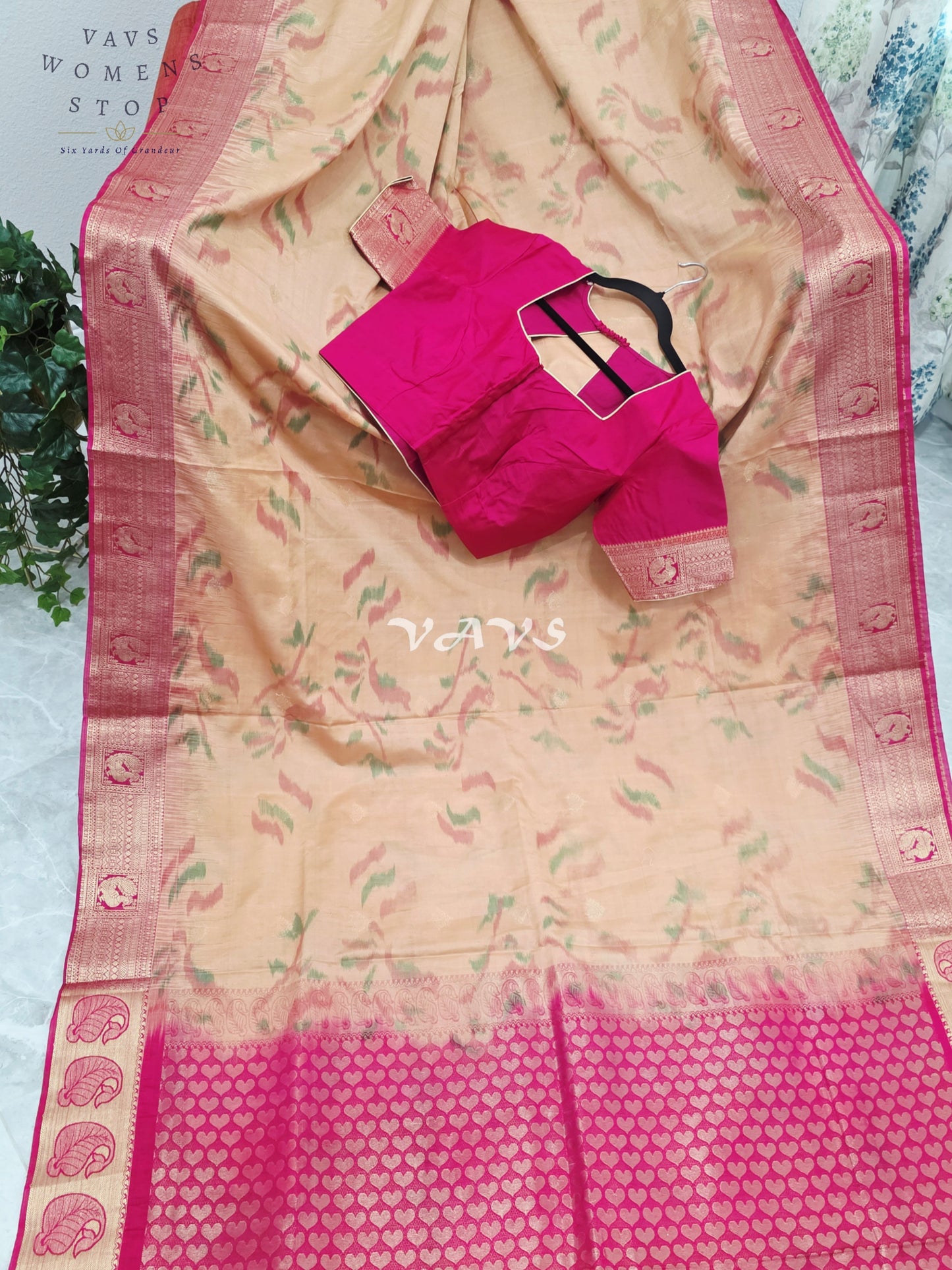 Royal Champagne Gold & Rani Pink Ahimsa Vegan Silk Pochampally Soft Silk Saree with Stitched Blouse Size 38-44