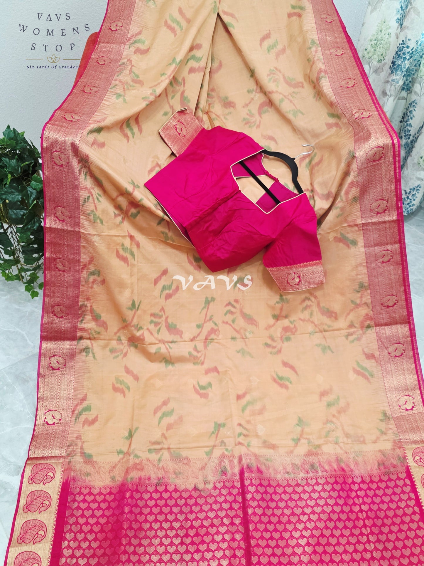 Royal Champagne Gold & Rani Pink Ahimsa Vegan Silk Pochampally Soft Silk Saree with Stitched Blouse Size 38-44