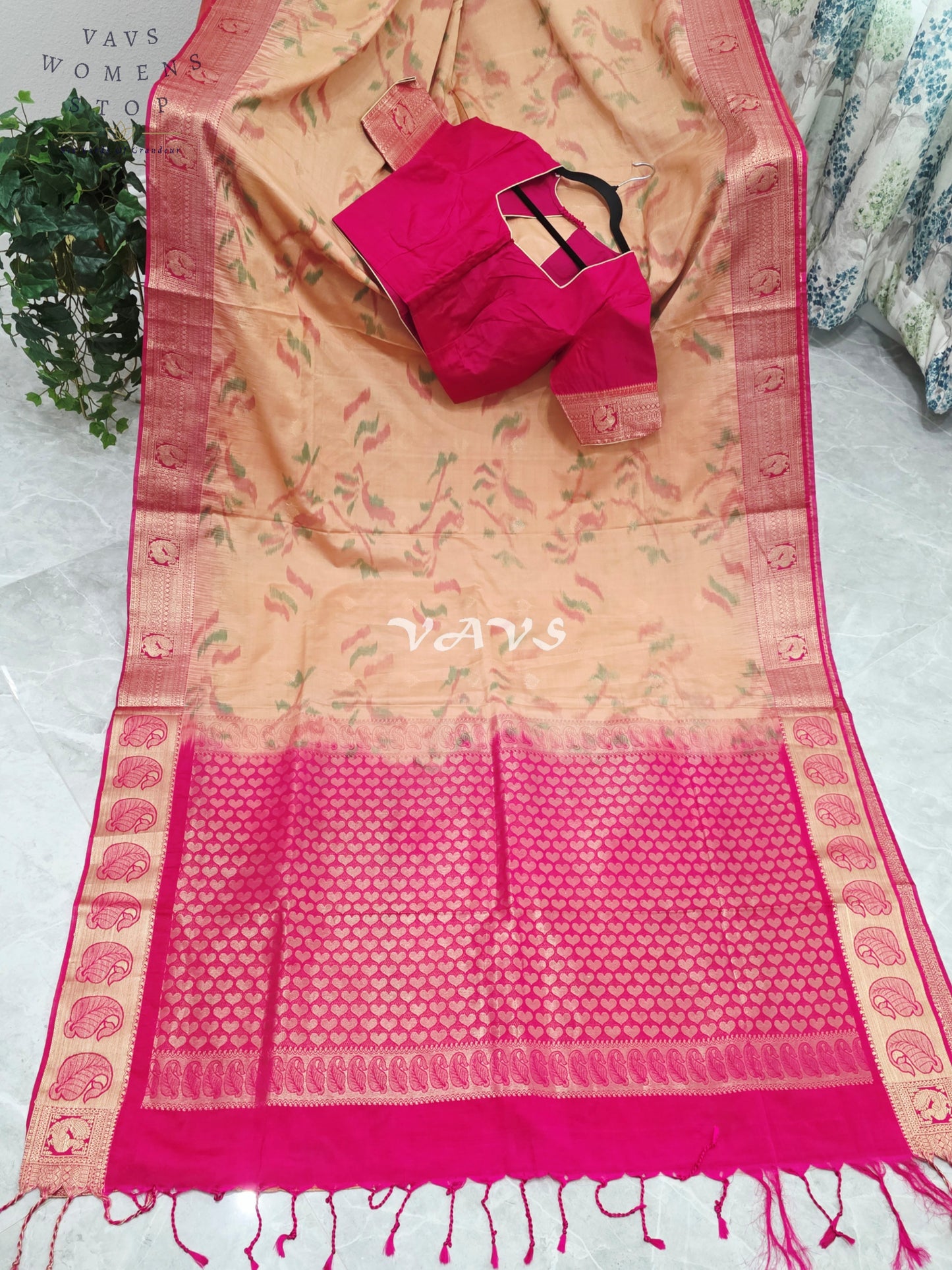 Royal Champagne Gold & Rani Pink Ahimsa Vegan Silk Pochampally Soft Silk Saree with Stitched Blouse Size 38-44