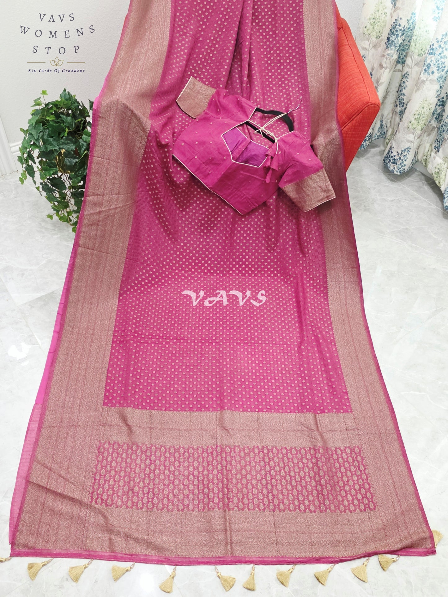 Royal Rani Fuchsia Pink Antique Zari Chiffon Georgette Saree with Stitched Blouse Size 36-42