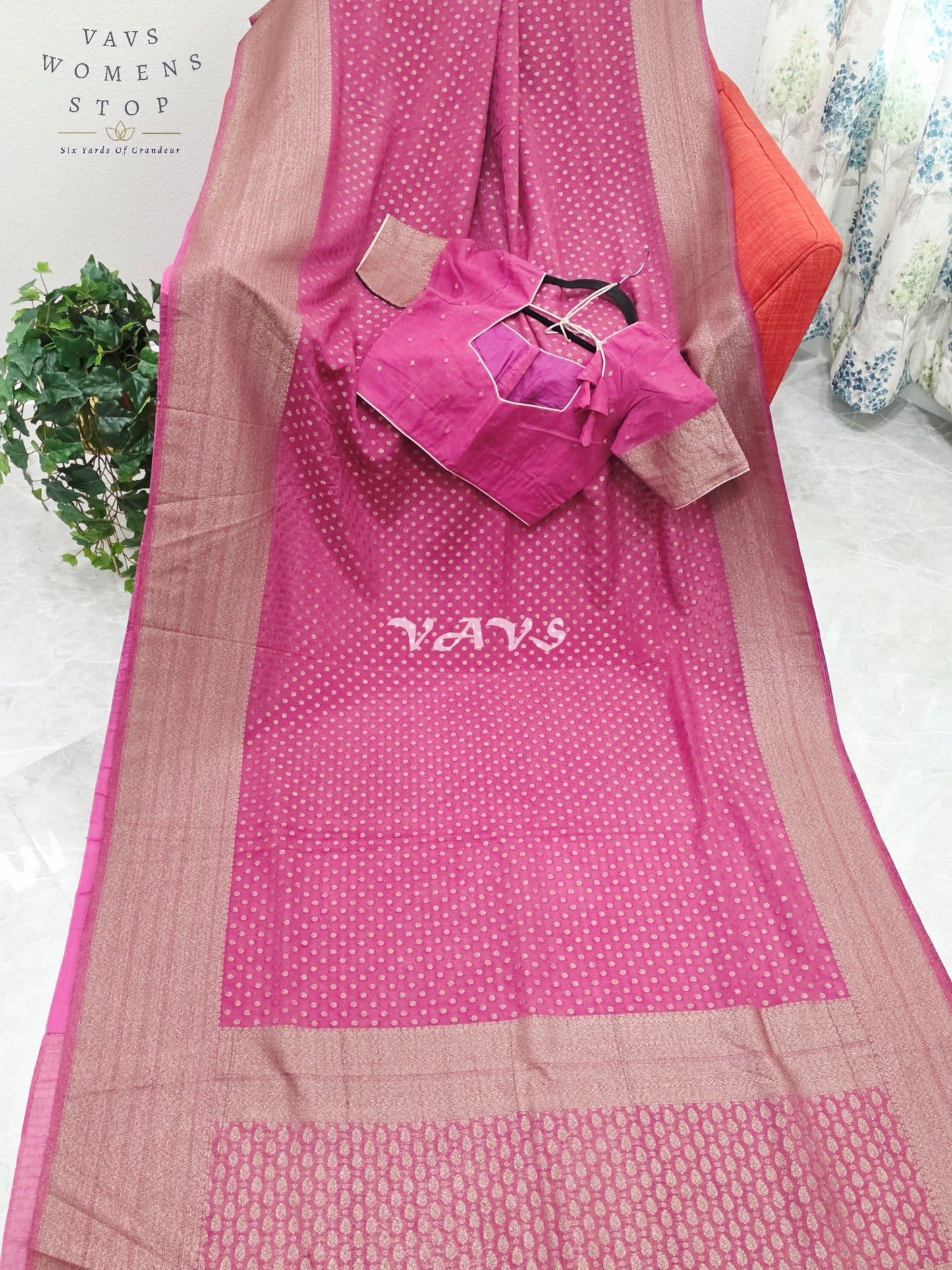 Royal Rani Fuchsia Pink Antique Zari Chiffon Georgette Saree with Stitched Blouse Size 36-42