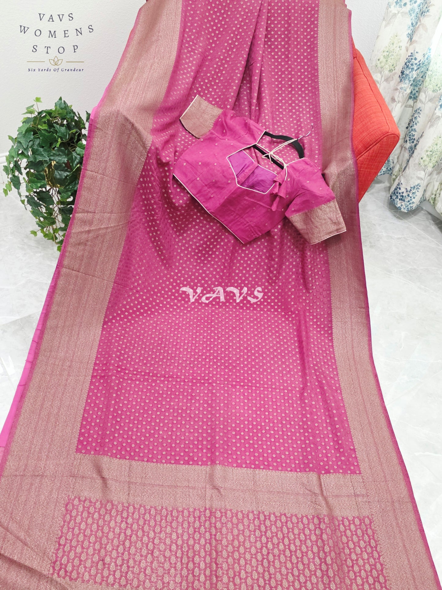 Royal Rani Fuchsia Pink Antique Zari Chiffon Georgette Saree with Stitched Blouse Size 36-42