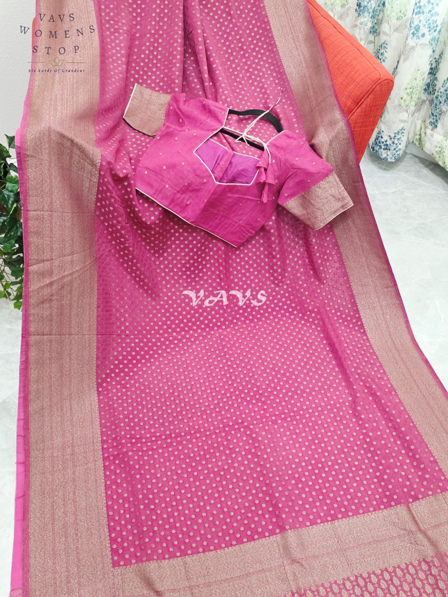 Royal Rani Fuchsia Pink Antique Zari Chiffon Georgette Saree with Stitched Blouse Size 36-42