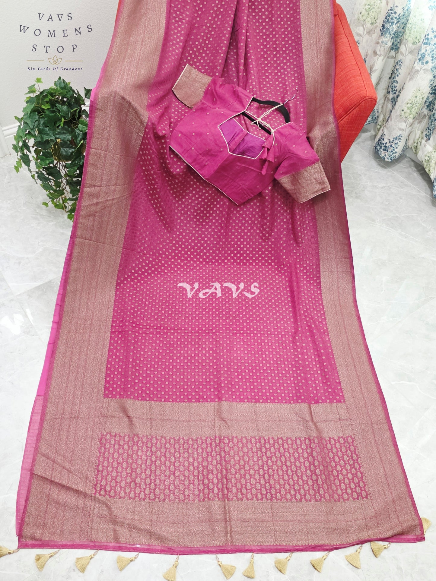 Royal Rani Fuchsia Pink Antique Zari Chiffon Georgette Saree with Stitched Blouse Size 36-42