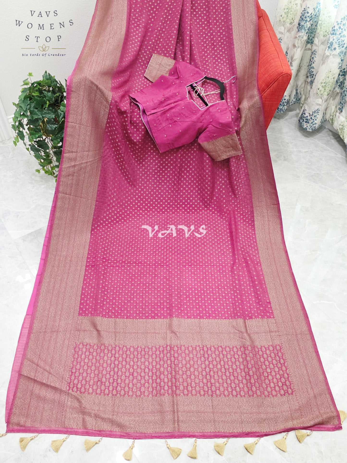 Royal Rani Fuchsia Pink Antique Zari Chiffon Georgette Saree with Stitched Blouse Size 36-42