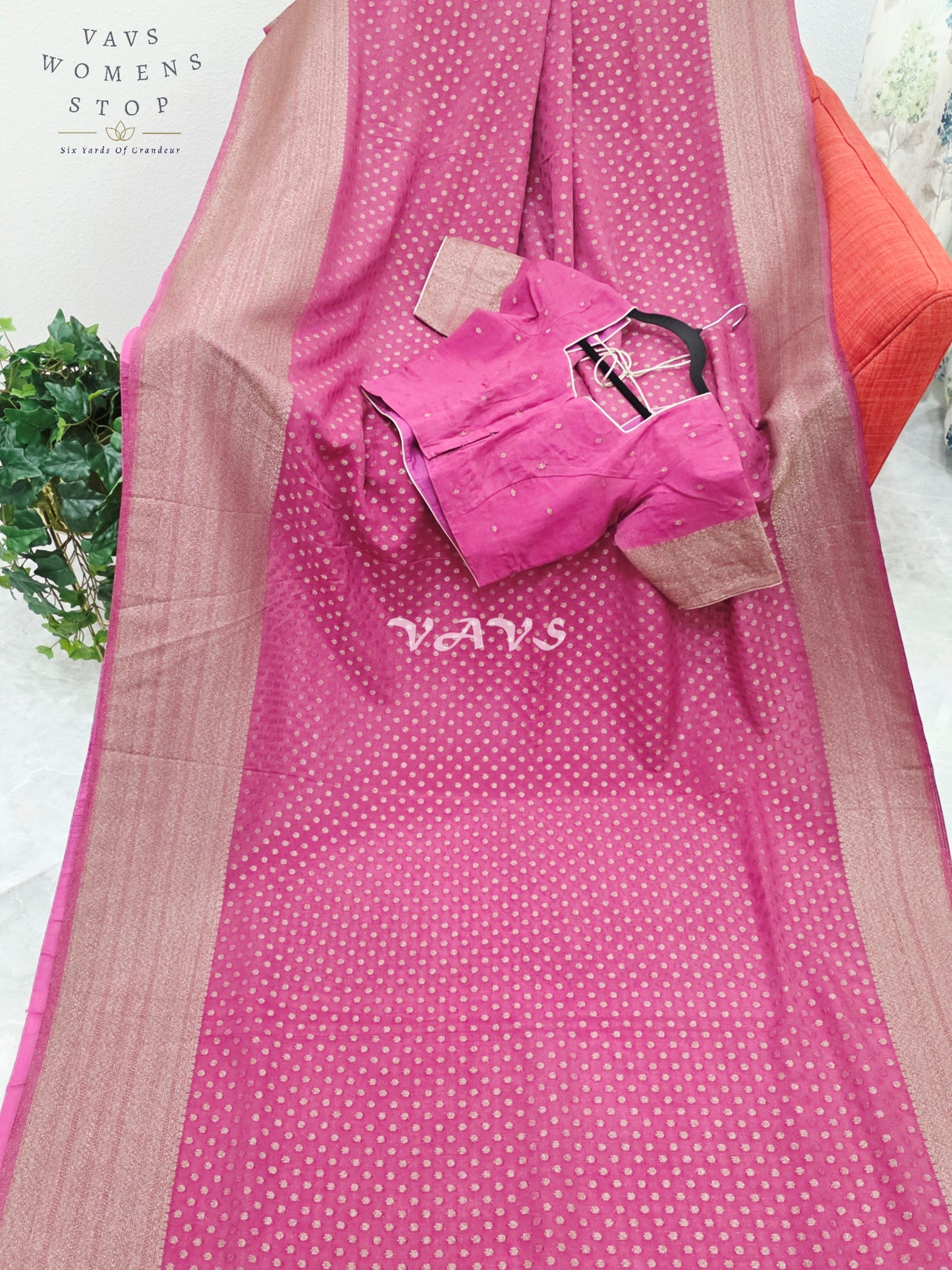 Royal Rani Fuchsia Pink Antique Zari Chiffon Georgette Saree with Stitched Blouse Size 36-42