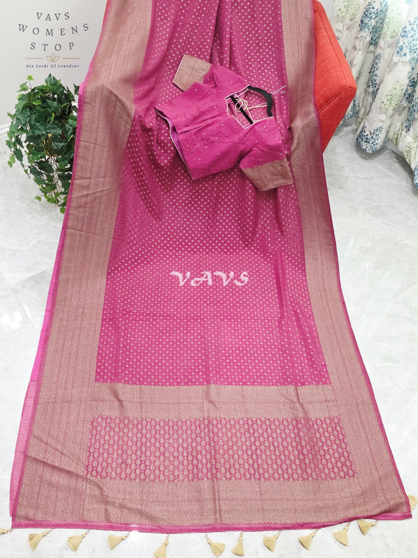 Royal Rani Fuchsia Pink Antique Zari Chiffon Georgette Saree with Stitched Blouse Size 36-42