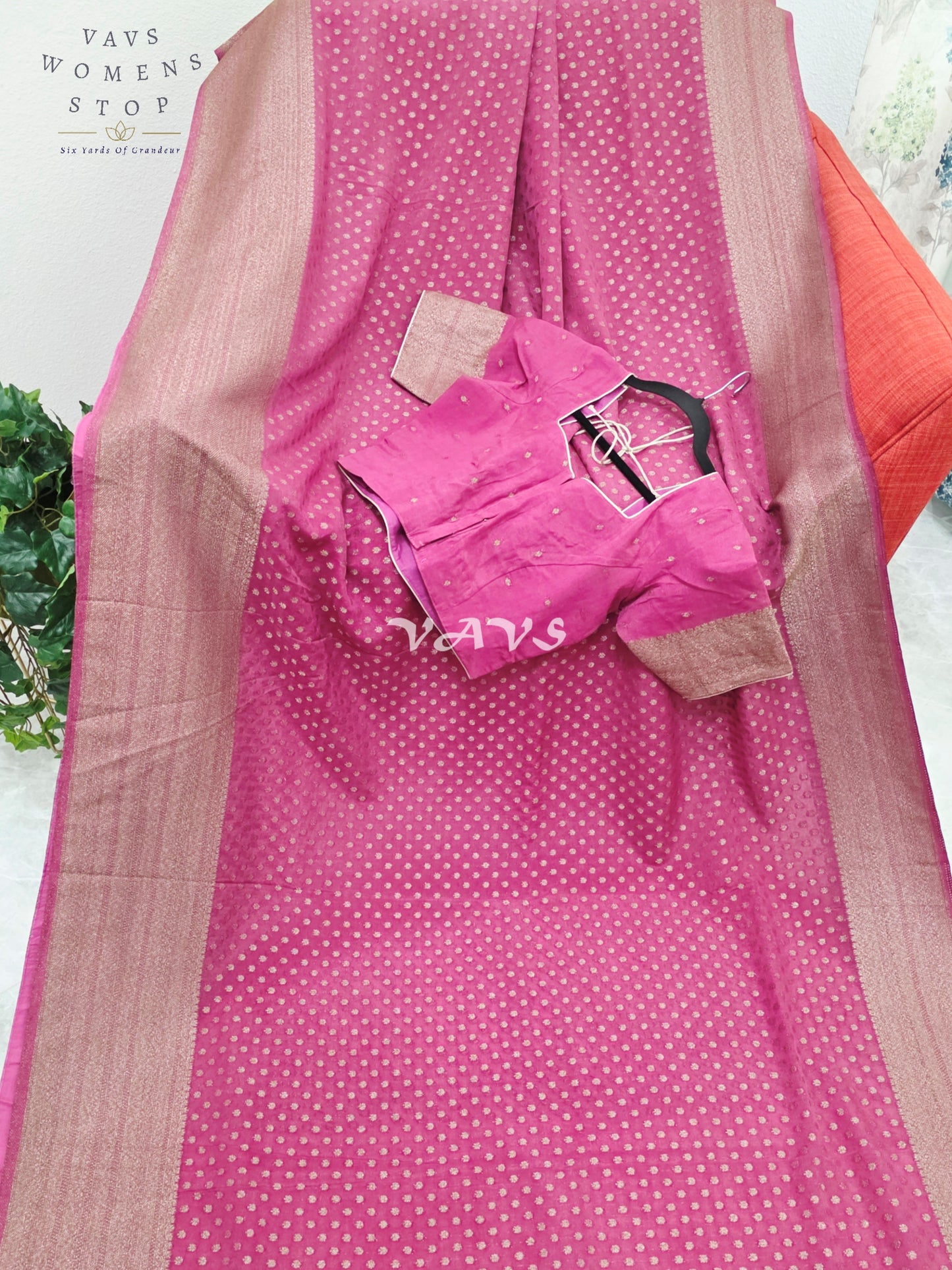 Royal Rani Fuchsia Pink Antique Zari Chiffon Georgette Saree with Stitched Blouse Size 36-42