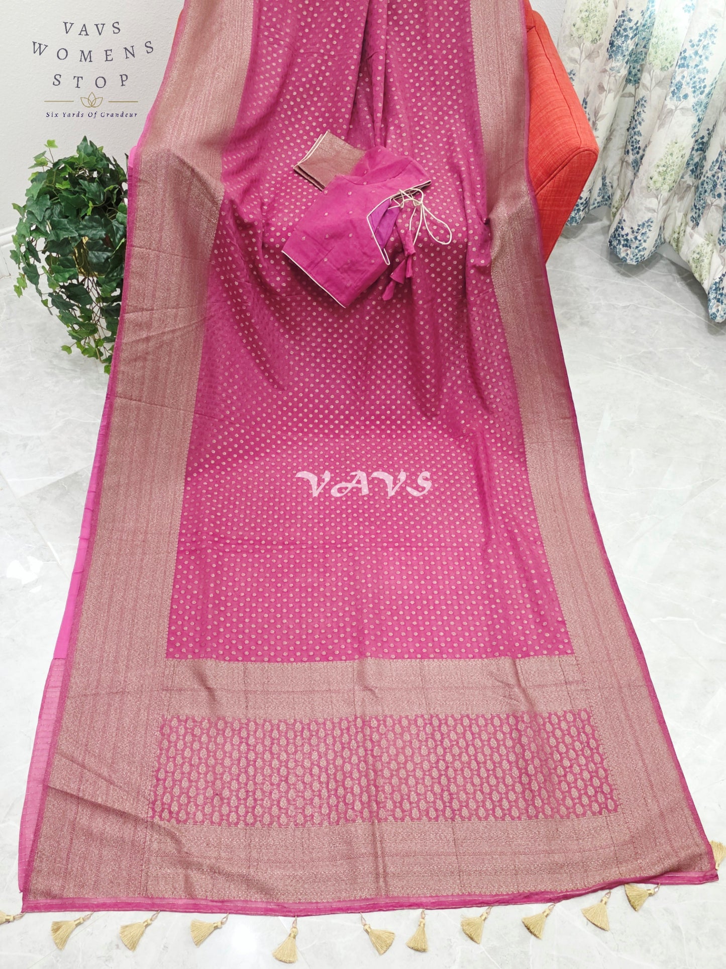 Royal Rani Fuchsia Pink Antique Zari Chiffon Georgette Saree with Stitched Blouse Size 36-42