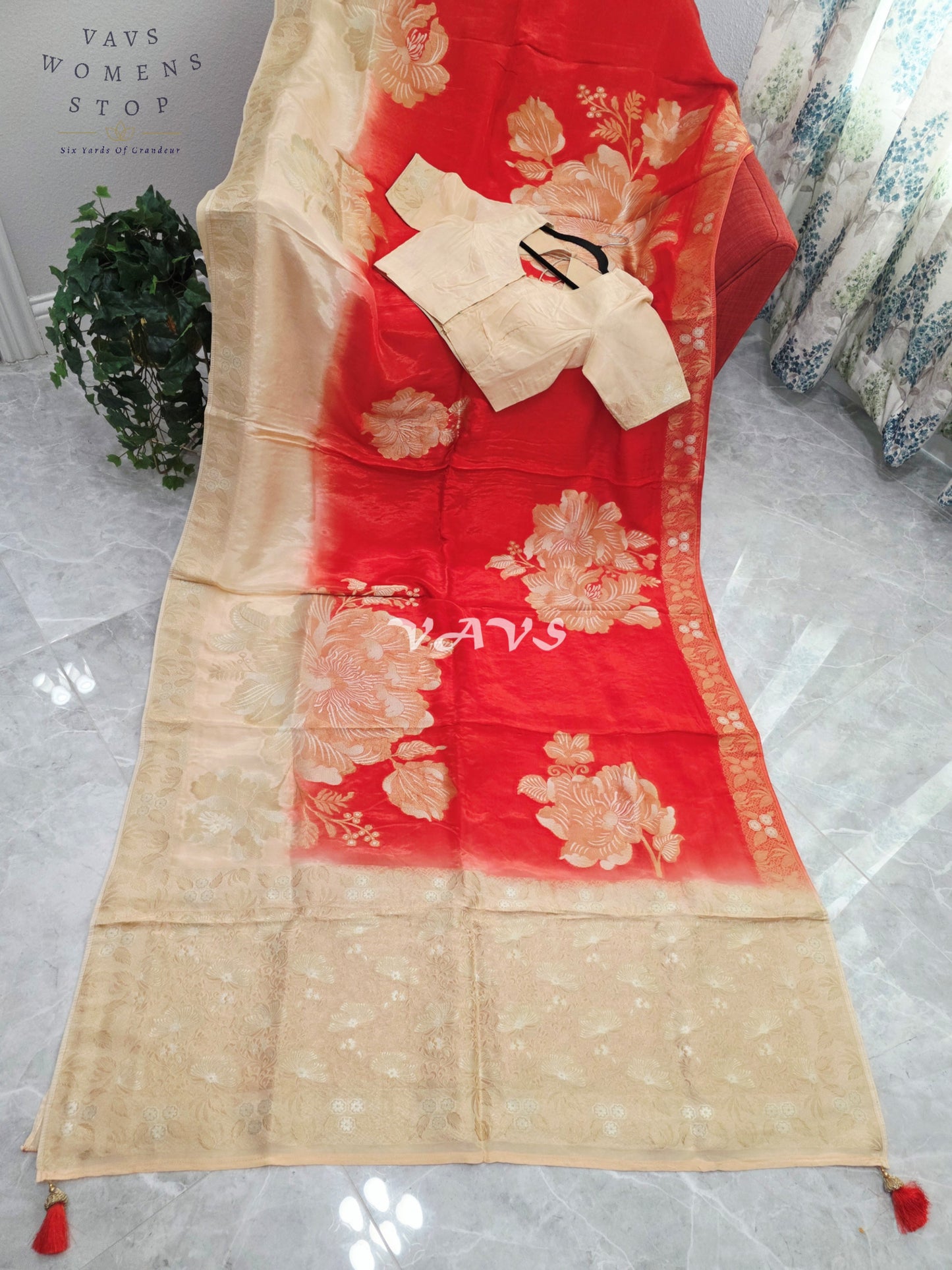 Sunset Orange & Champagne Beige Viscose Dola Crepe Silk Floral Saree with Stitched Blouse Size 36-42