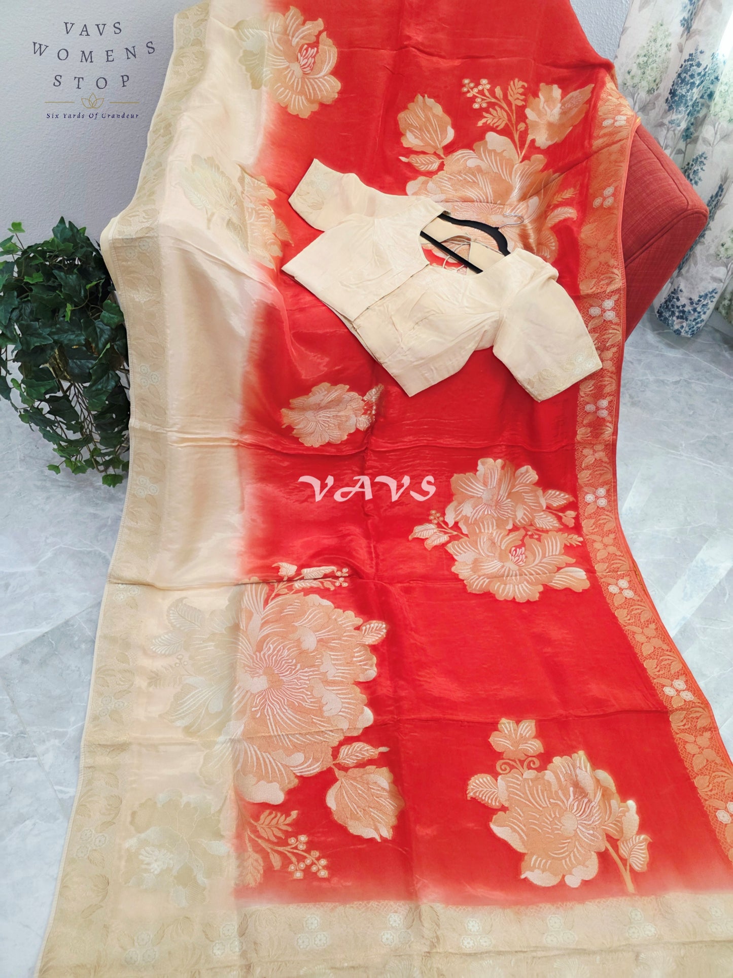 Sunset Orange & Champagne Beige Viscose Dola Crepe Silk Floral Saree with Stitched Blouse Size 36-42