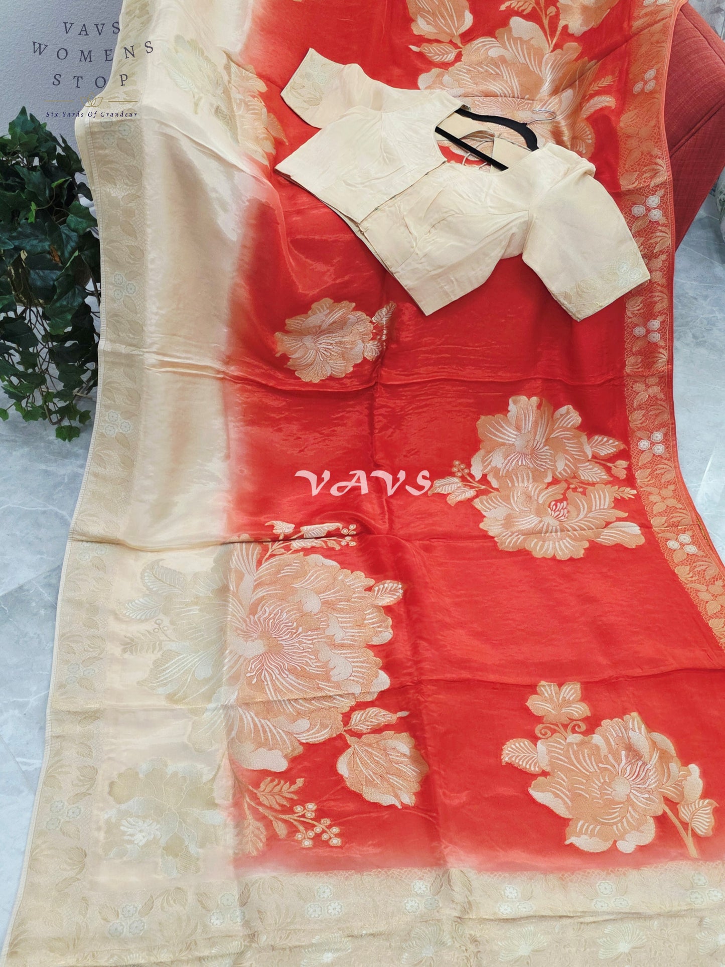 Sunset Orange & Champagne Beige Viscose Dola Crepe Silk Floral Saree with Stitched Blouse Size 36-42