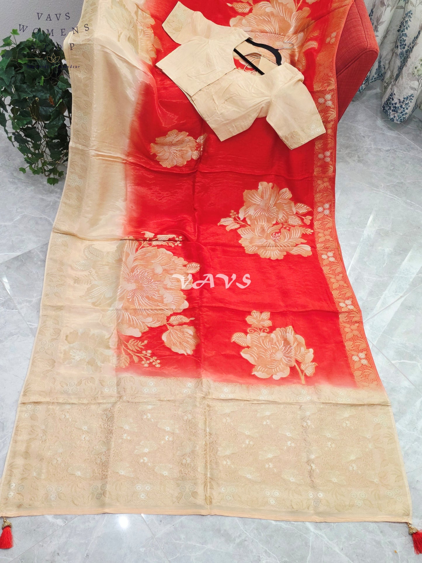 Sunset Orange & Champagne Beige Viscose Dola Crepe Silk Floral Saree with Stitched Blouse Size 36-42