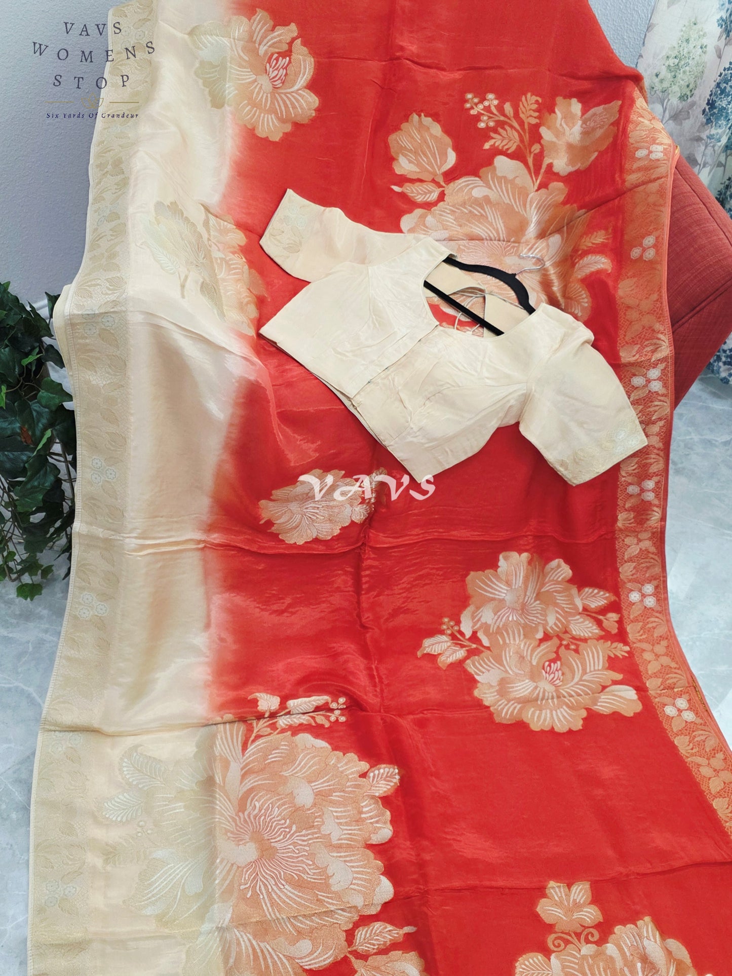 Sunset Orange & Champagne Beige Viscose Dola Crepe Silk Floral Saree with Stitched Blouse Size 36-42
