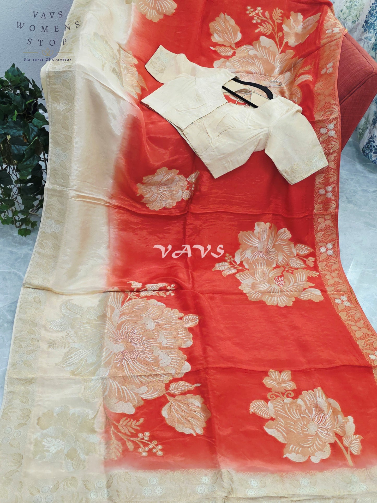 Sunset Orange & Champagne Beige Viscose Dola Crepe Silk Floral Saree with Stitched Blouse Size 36-42