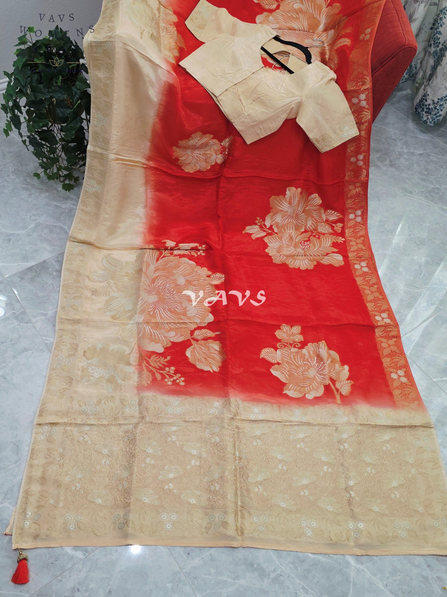 Sunset Orange & Champagne Beige Viscose Dola Crepe Silk Floral Saree with Stitched Blouse Size 36-42