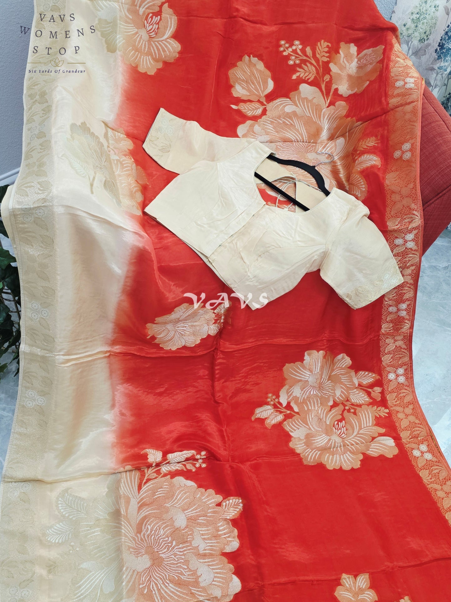 Sunset Orange & Champagne Beige Viscose Dola Crepe Silk Floral Saree with Stitched Blouse Size 36-42