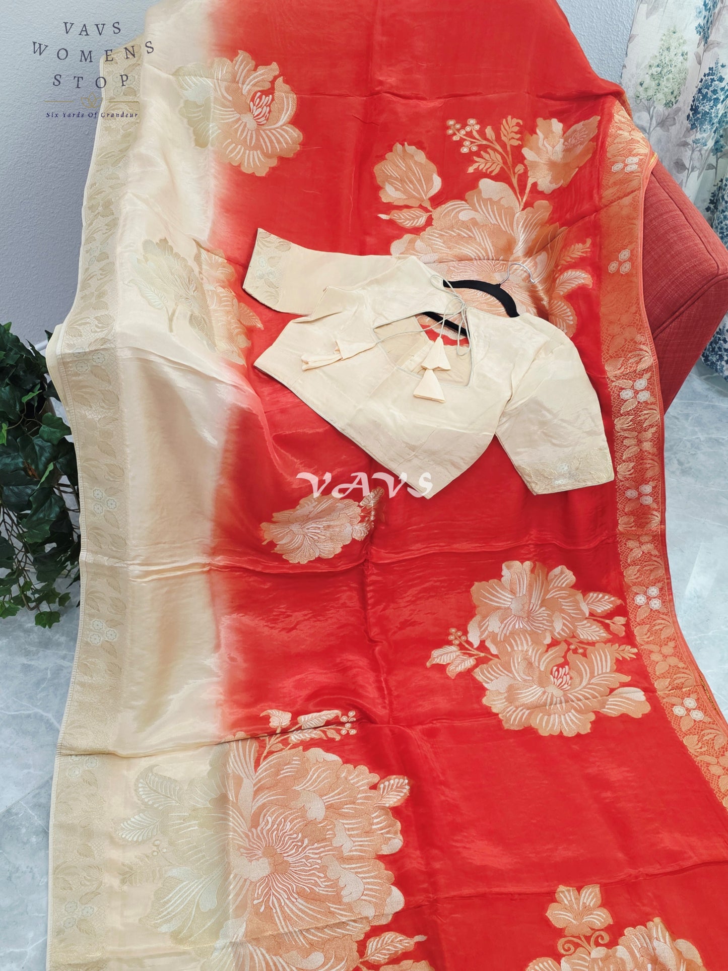 Sunset Orange & Champagne Beige Viscose Dola Crepe Silk Floral Saree with Stitched Blouse Size 36-42