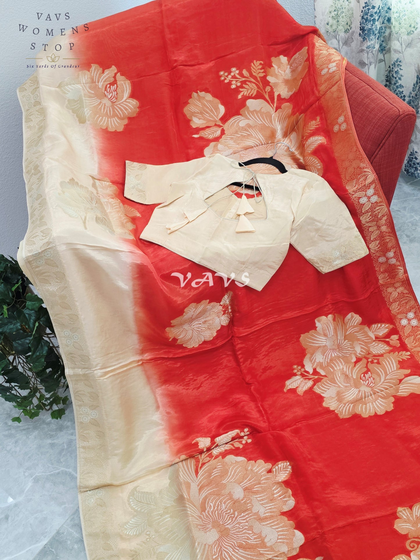 Sunset Orange & Champagne Beige Viscose Dola Crepe Silk Floral Saree with Stitched Blouse Size 36-42