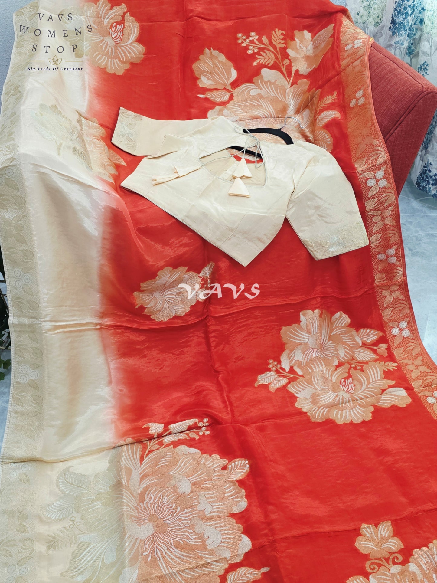 Sunset Orange & Champagne Beige Viscose Dola Crepe Silk Floral Saree with Stitched Blouse Size 36-42