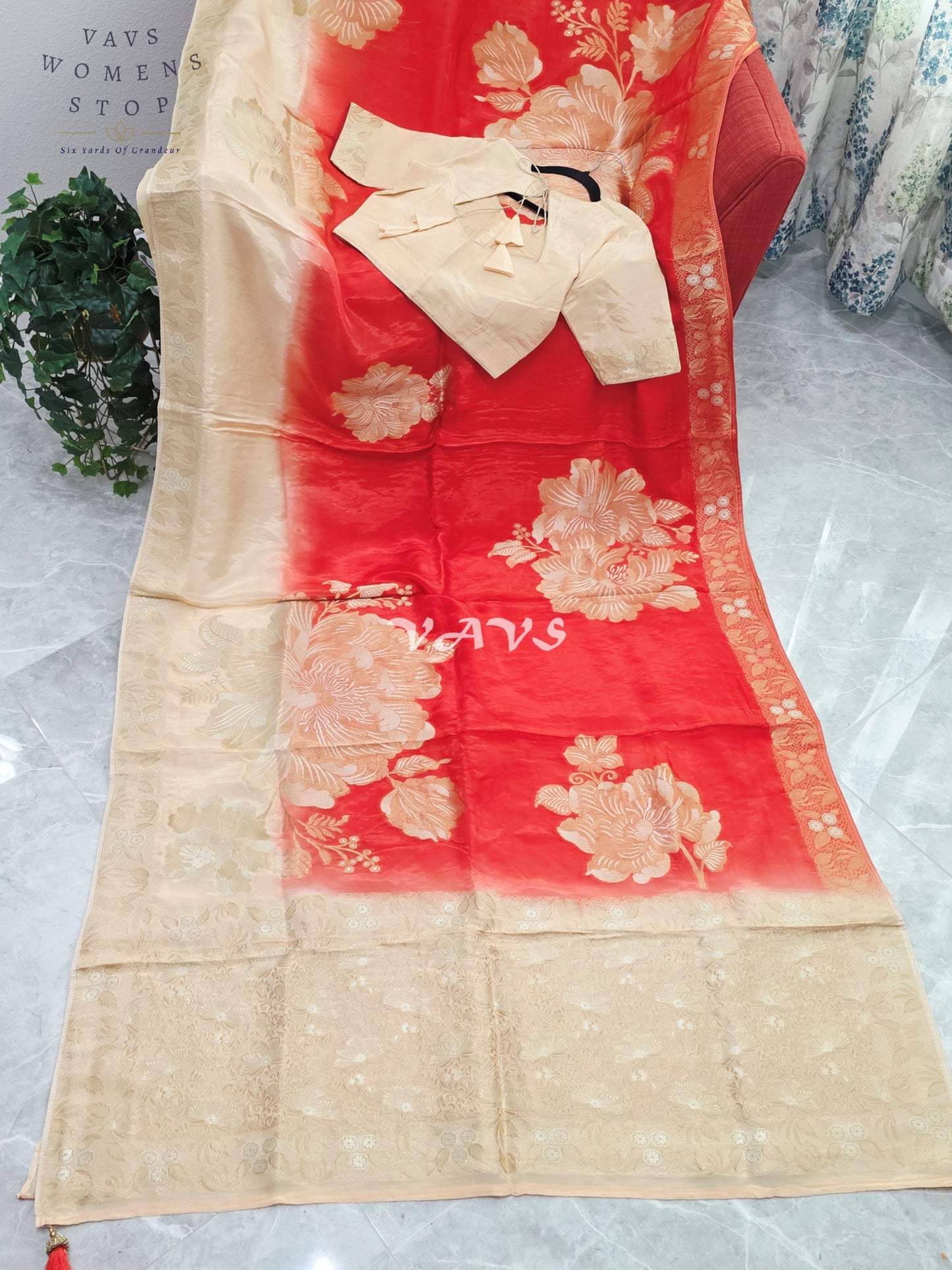 Sunset Orange & Champagne Beige Viscose Dola Crepe Silk Floral Saree with Stitched Blouse Size 36-42