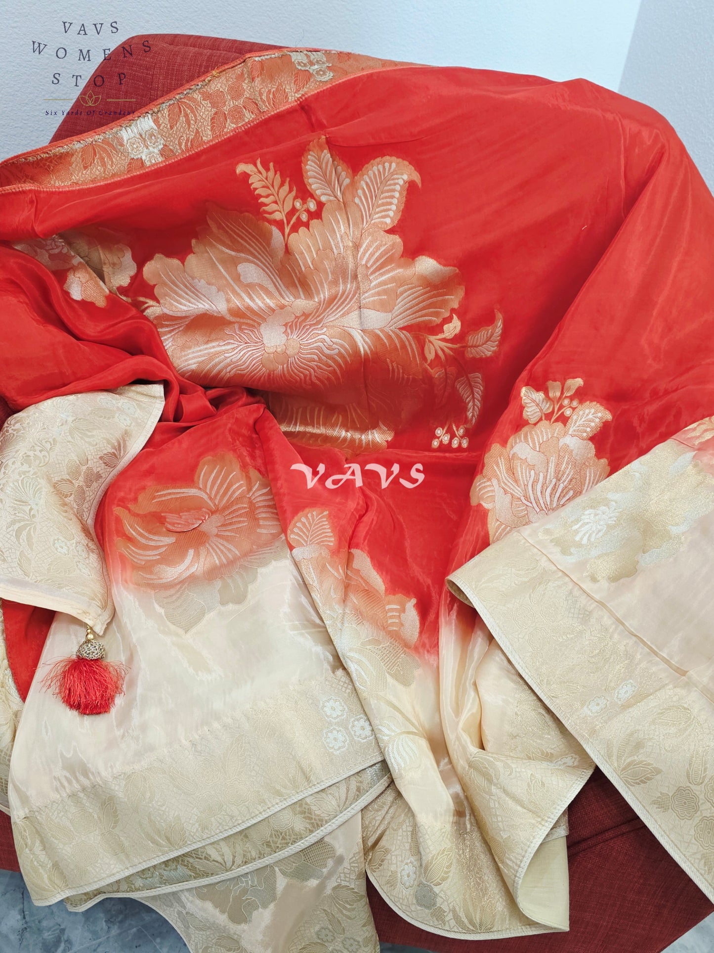 Sunset Orange & Champagne Beige Viscose Dola Crepe Silk Floral Saree with Stitched Blouse Size 36-42