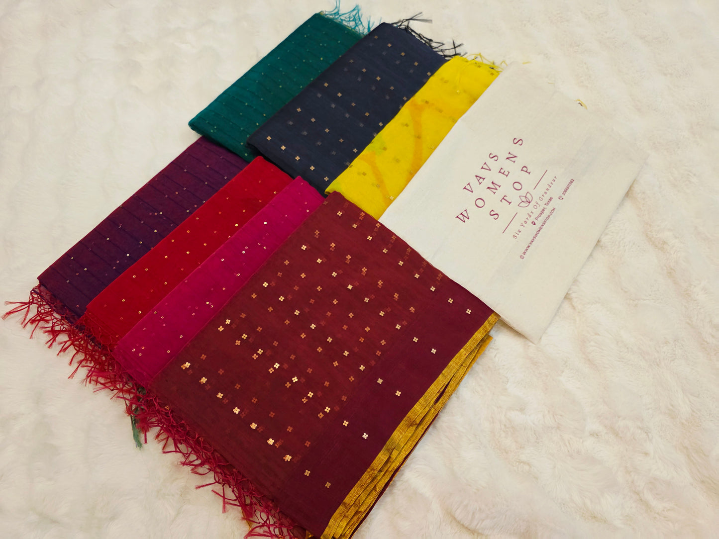 Pure Muslin Silk Saree Bundle with Sequins & Paithani Pallu – 7-Piece Set