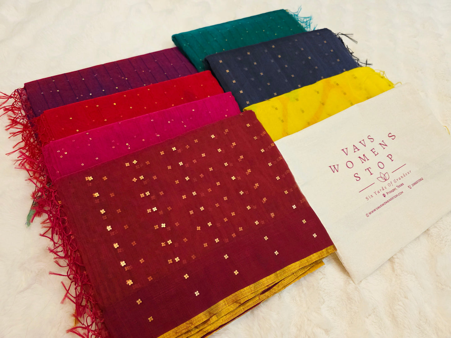 Pure Muslin Silk Saree Bundle with Sequins & Paithani Pallu – 7-Piece Set