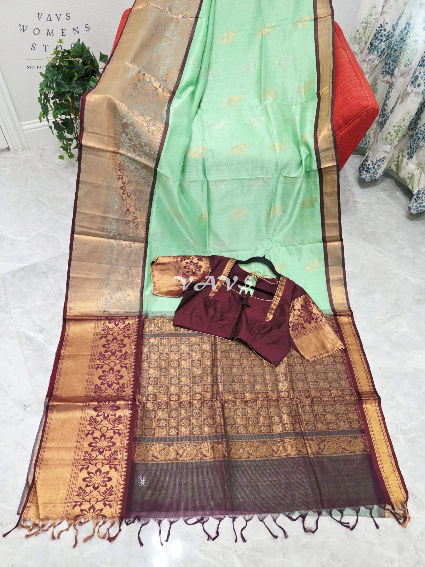 Mint Pistachio Green Mangalagiri Pattu Silk Cotton Handloom Saree with Antique Gold & Wine Border, Stitched Blouse Size 42-48
